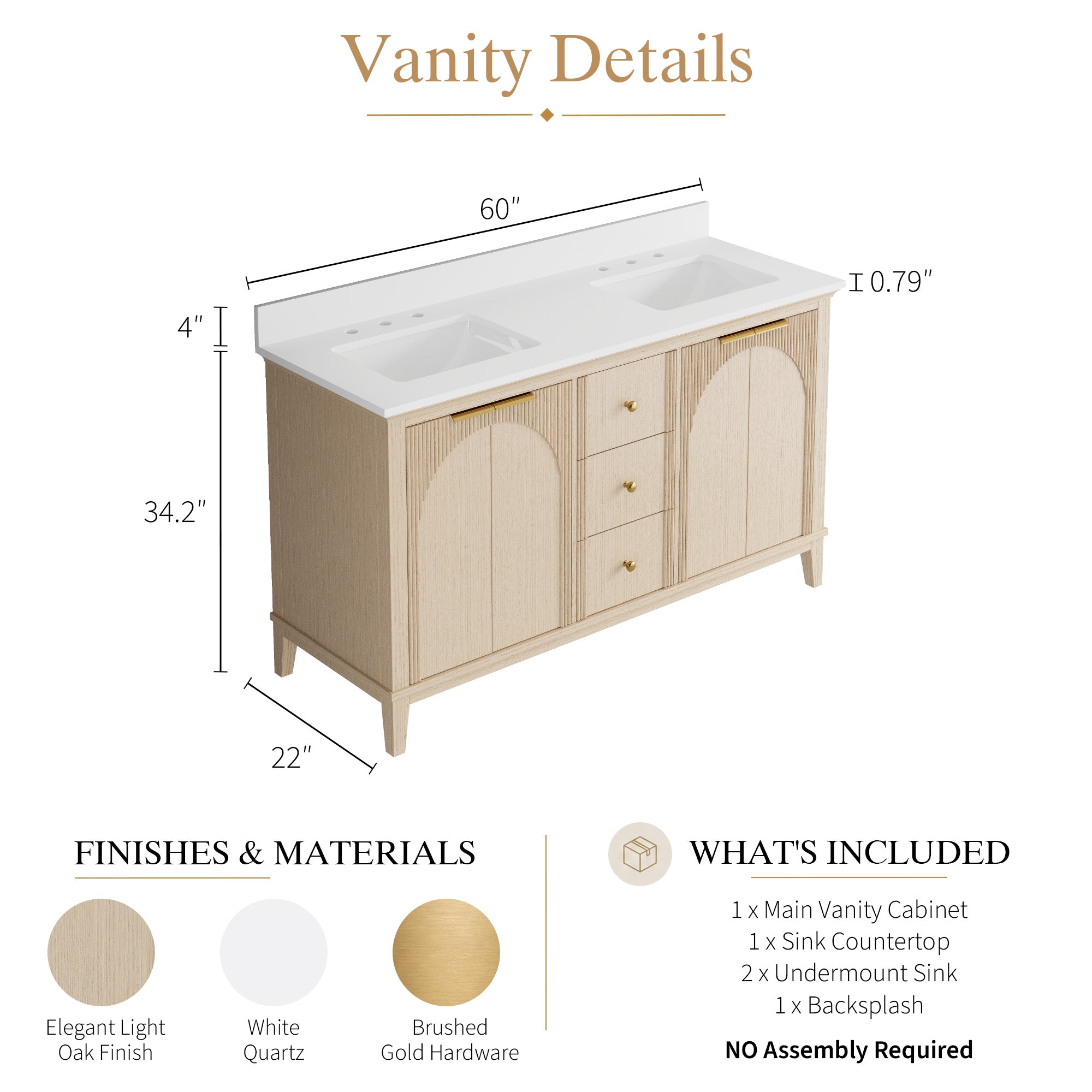 60 Inch Modern Light Oak Solid Wood Bathroom Vanity with White Quartz Countertop & 3 Soft-Close Drawers