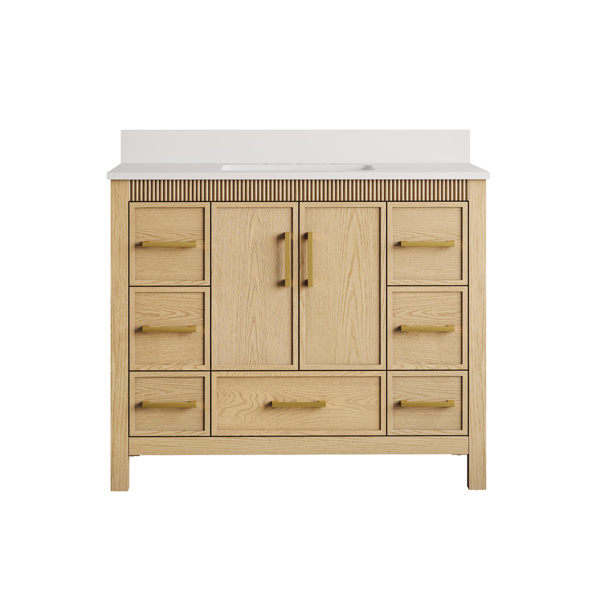 42 Inch Freestanding Solid Wood Bathroom Vanity with Fluted Molding, Pure White Quartz Countertop, OAK