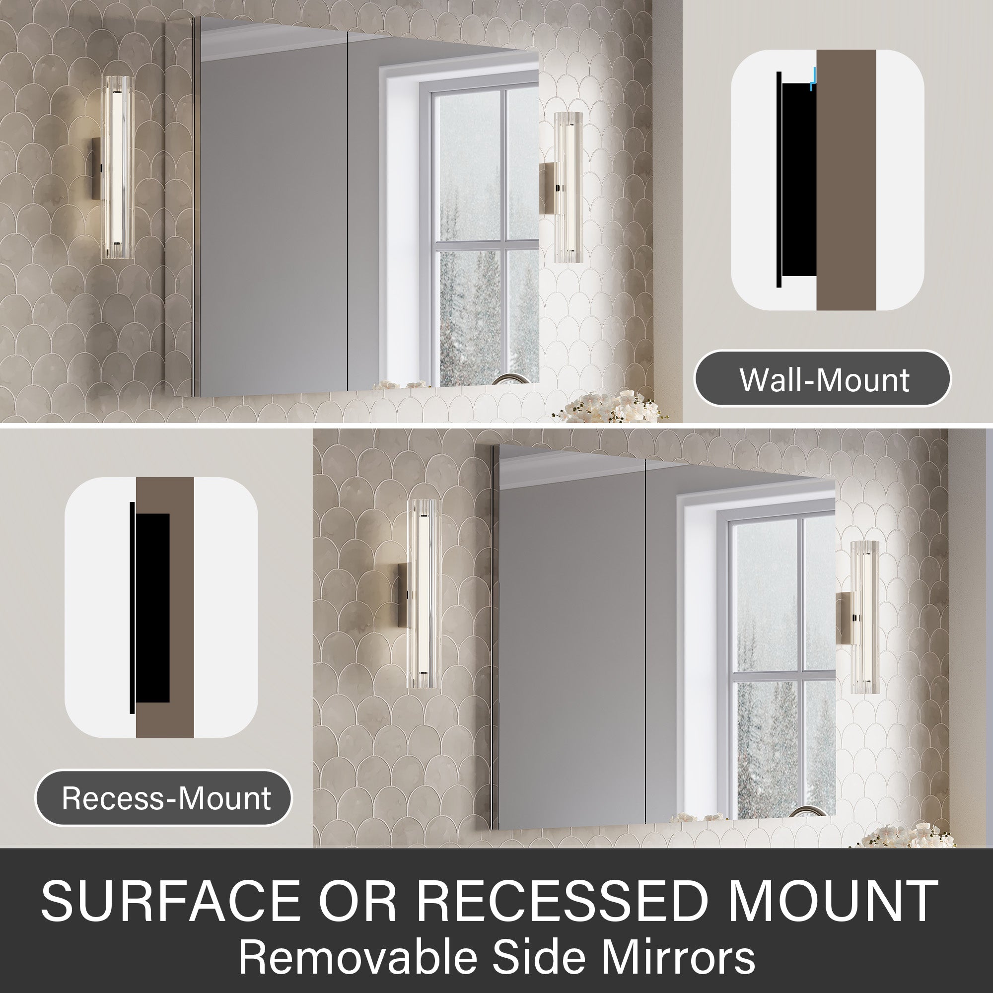 40 in.×32 in.H Aluminum Copper-Free Mirror Medicine Cabinet with Soft-Close Blum® Hinges and Recessed/Surface Mount