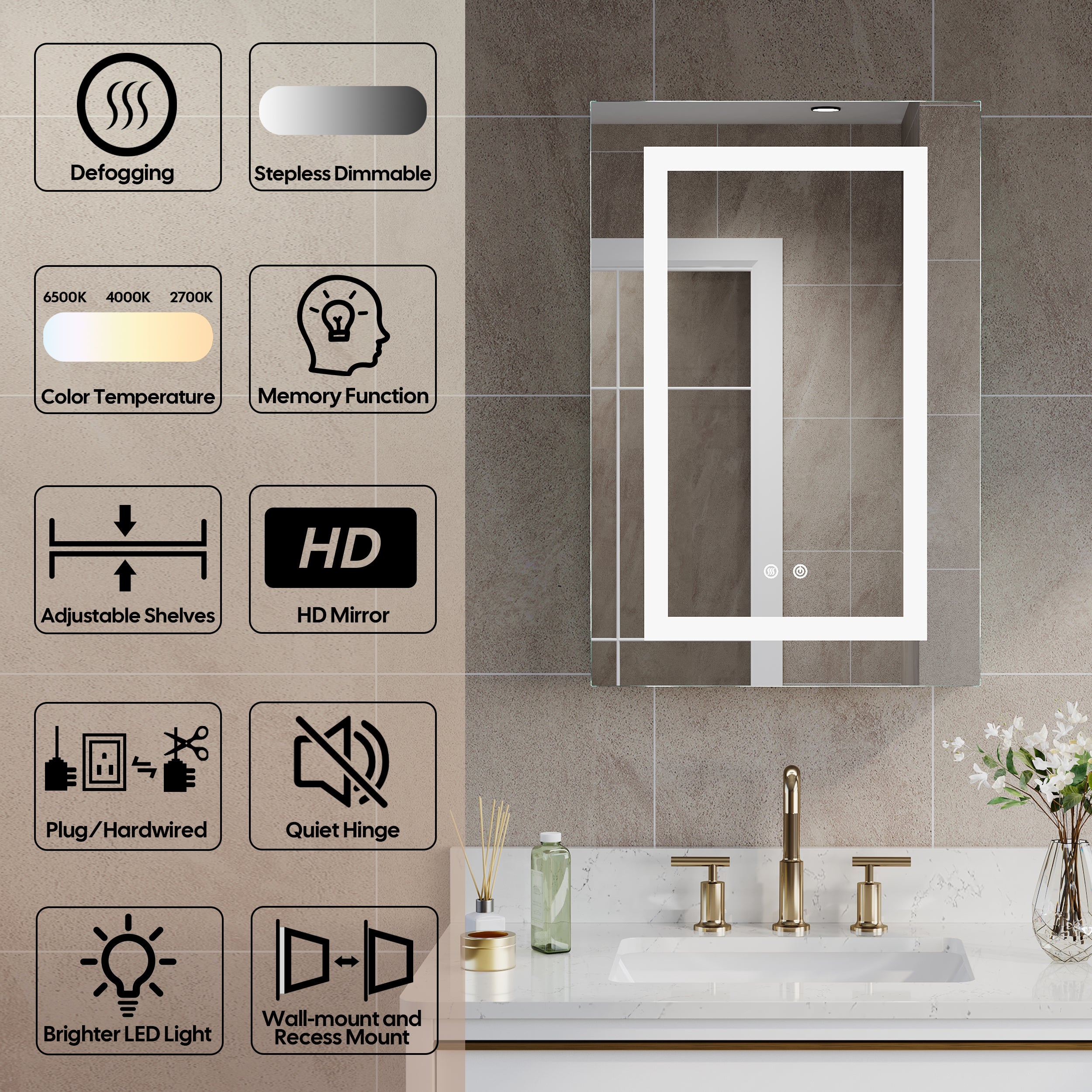 20 in. x 30 in. LED Lighted Surface/Recessed Mount Silver Mirrored Medicine Cabinet with Outlet left Side