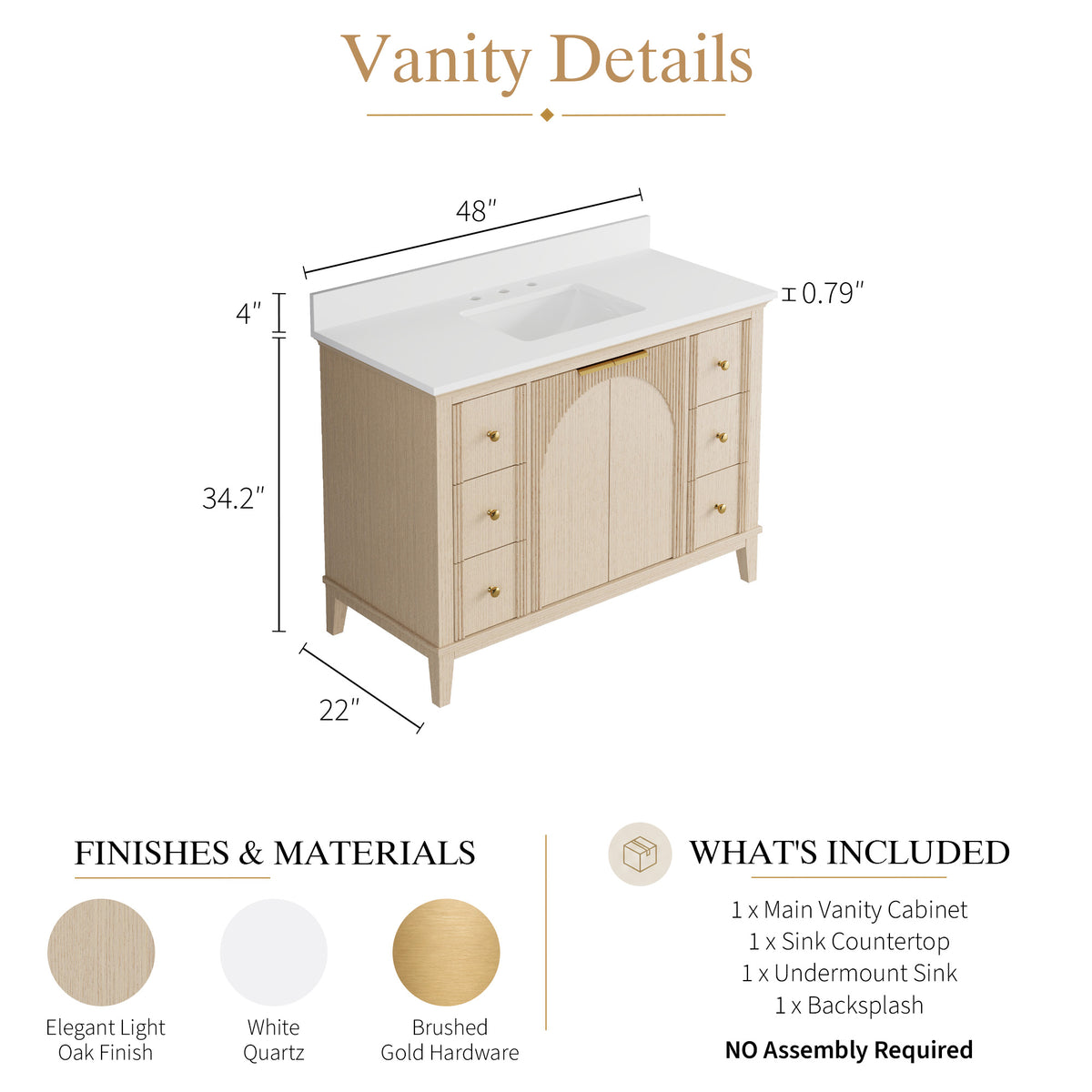 48 Inch Modern Light Oak Solid Wood Bathroom Vanity with White Quartz Countertop & Soft-Close Drawers