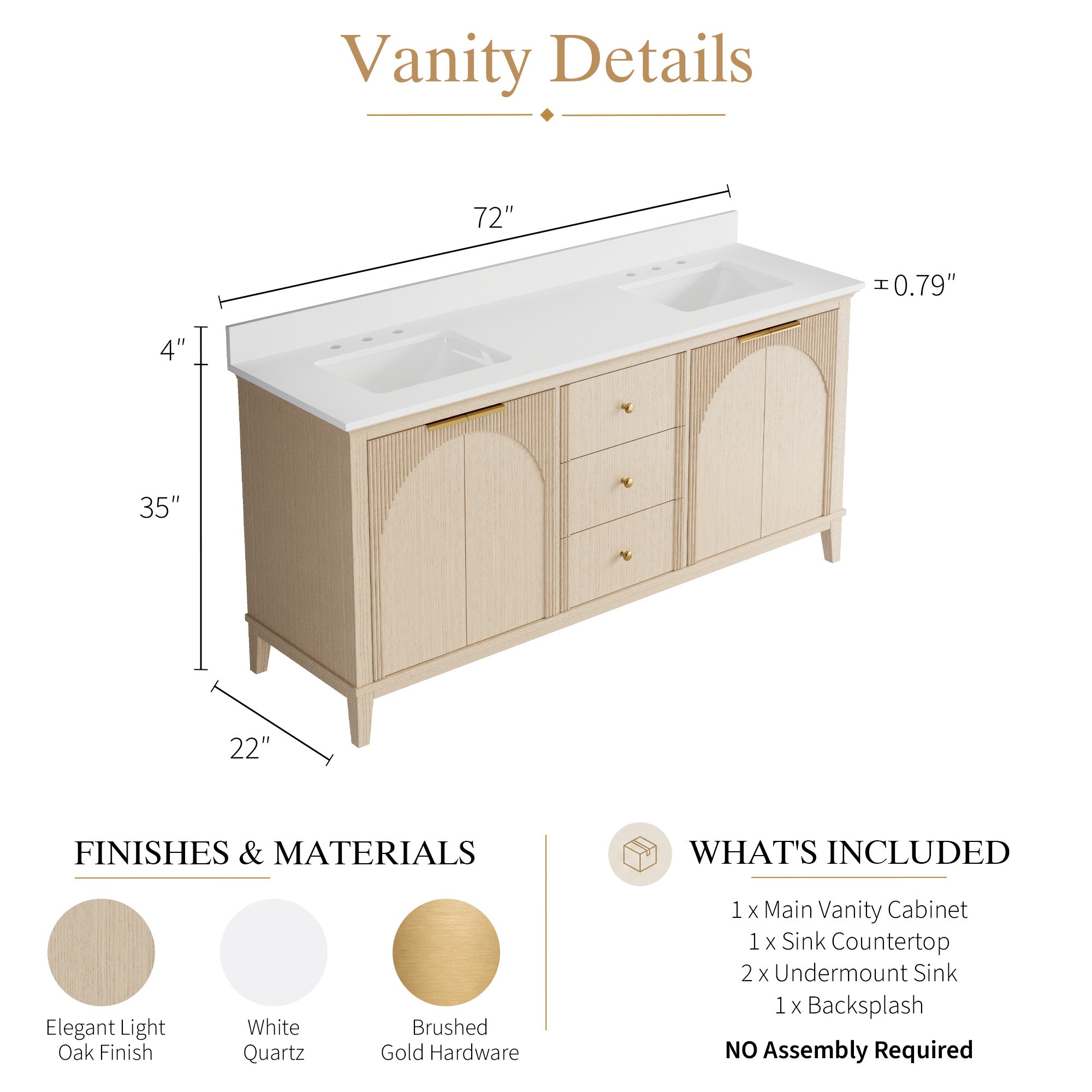 72 Inch Modern Light Oak Solid Wood Bathroom Vanity with White Quartz Countertop & 3 Soft-Close Drawers