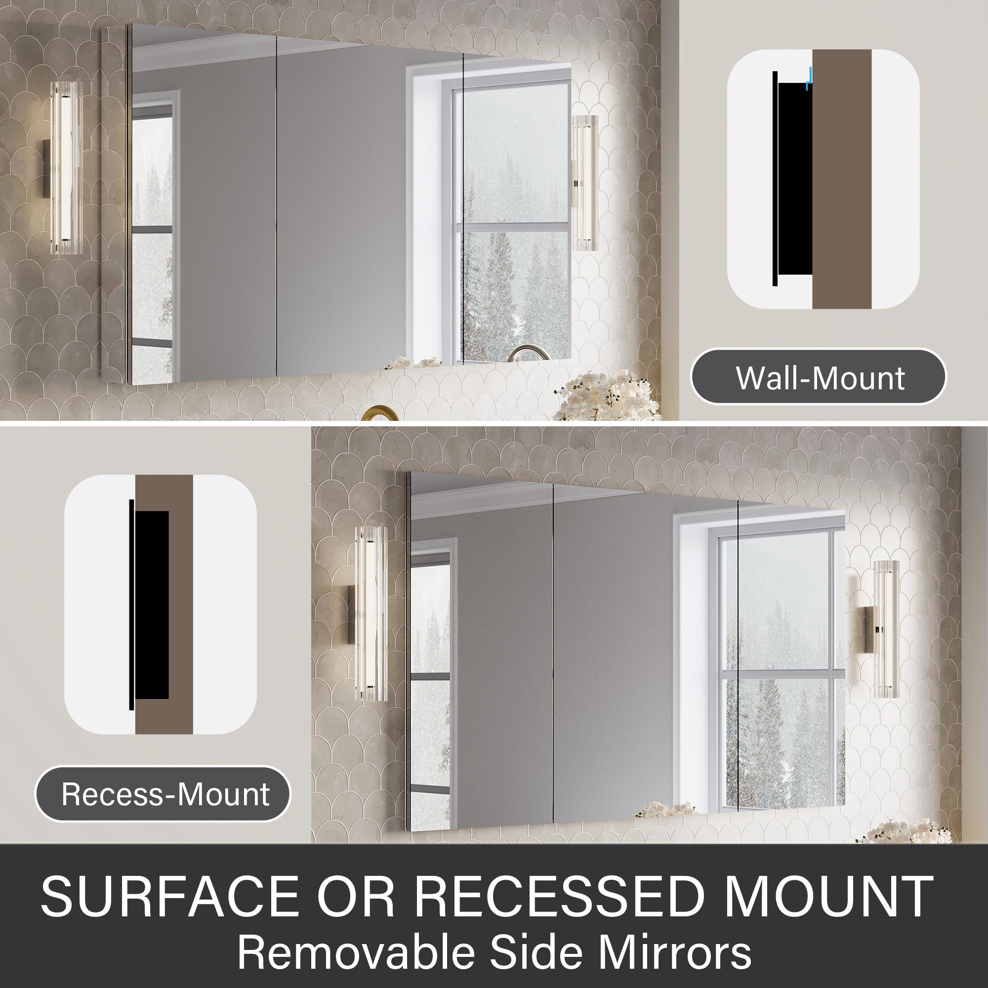 56 in.×32 in.H Aluminum Copper-Free Mirror Medicine Cabinet with Soft-Close Blum® Hinges and Recessed/Surface Mount