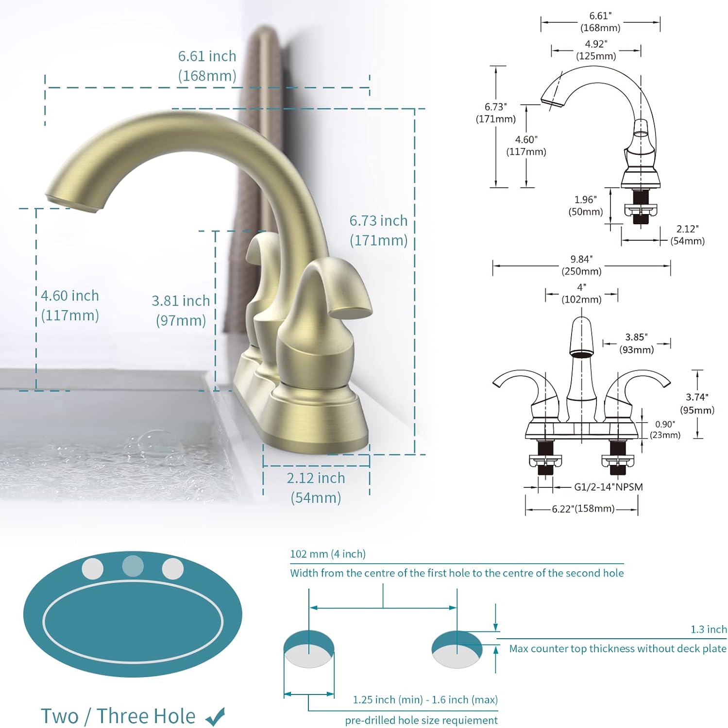 Bathroom Faucet 2 Handle Brushed Gold Swan Style 4 Inch Centerset with Drain