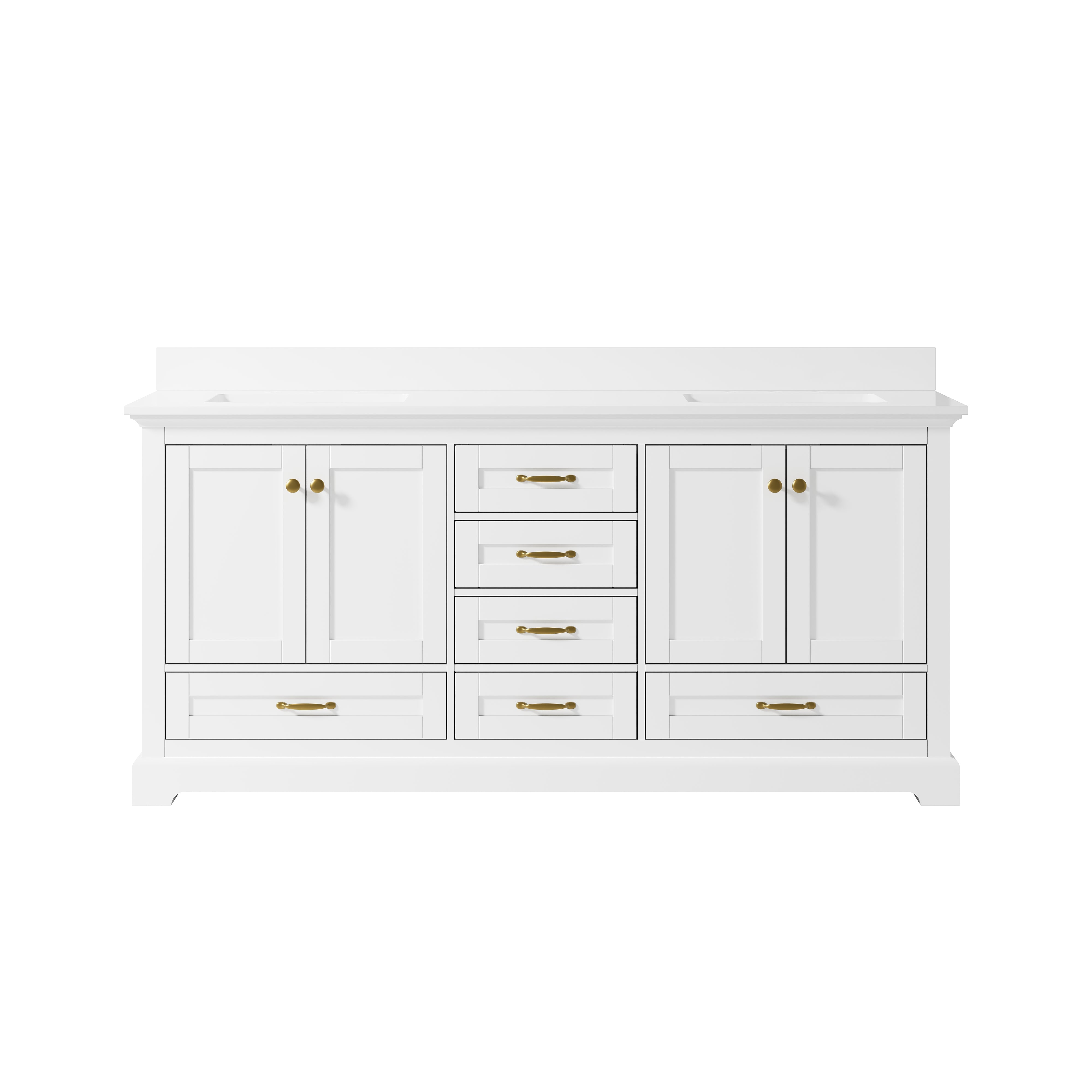 72" Double Sinks White Bathroom Vanity with Solid Wood Frame, Soft Close 6 Drawers, Pure White Cultured Marble Countertop