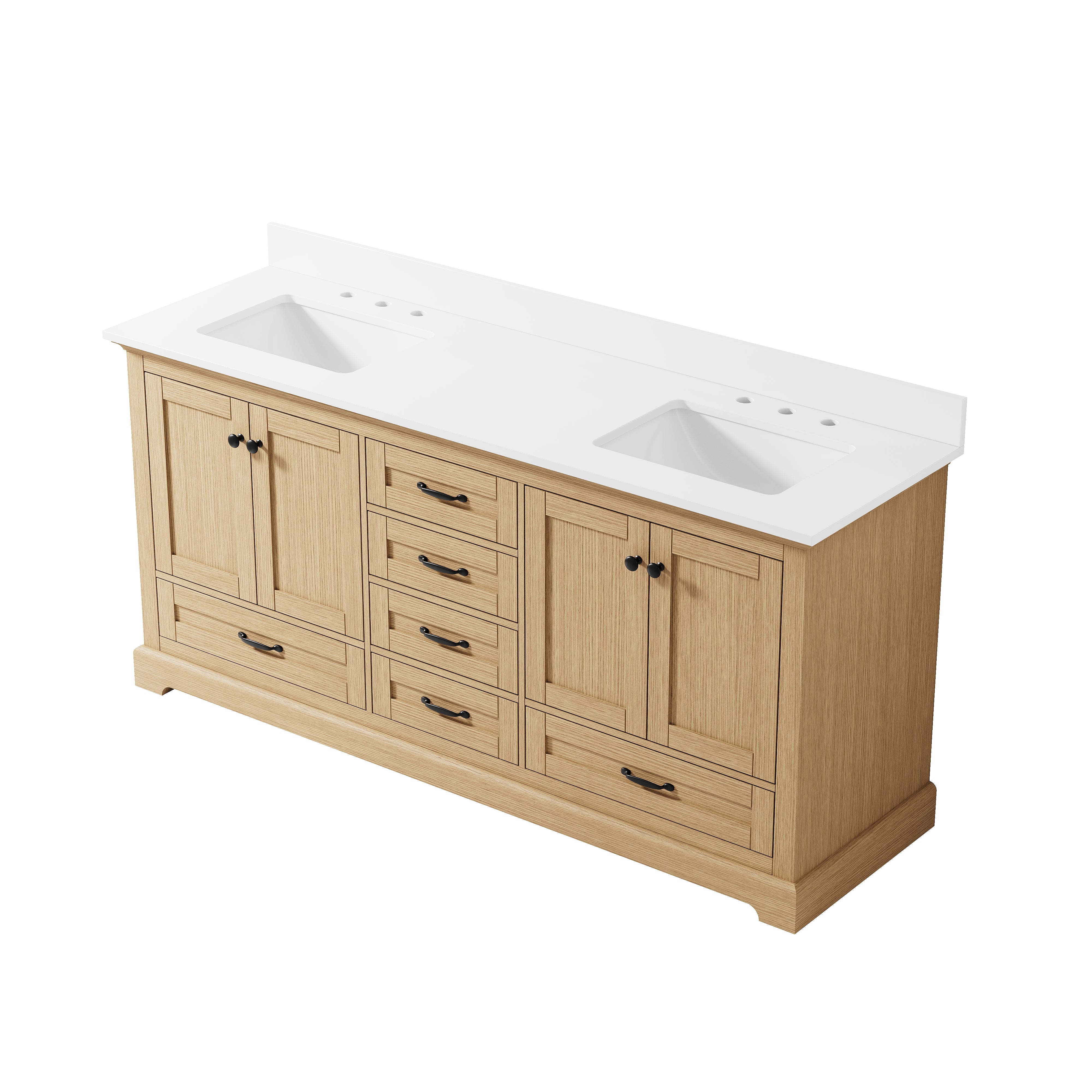 72" Double Sinks OAK Bathroom Vanity with Solid Wood Frame, Soft Close 6 Drawers, Pure White Cultured Marble Countertop