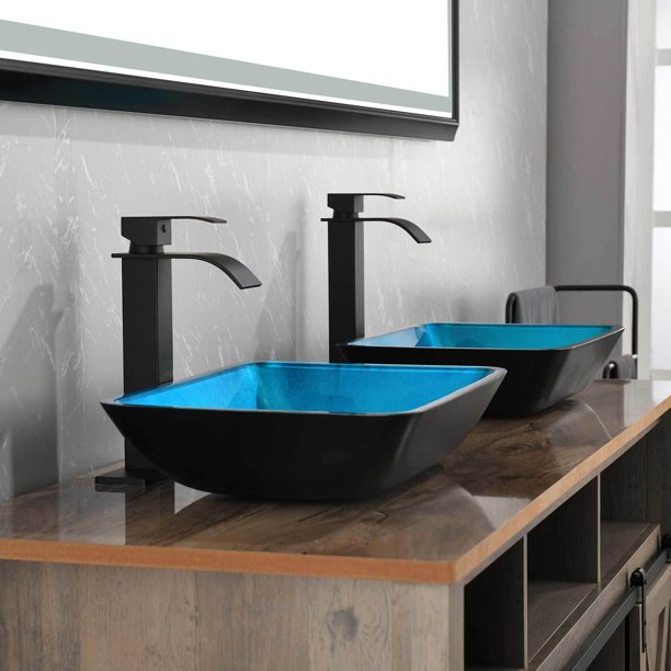 18in L -13in W -4in H Handmade Countertop Glass Rectangular Vessel Bathroom Sink Set in Turquoise