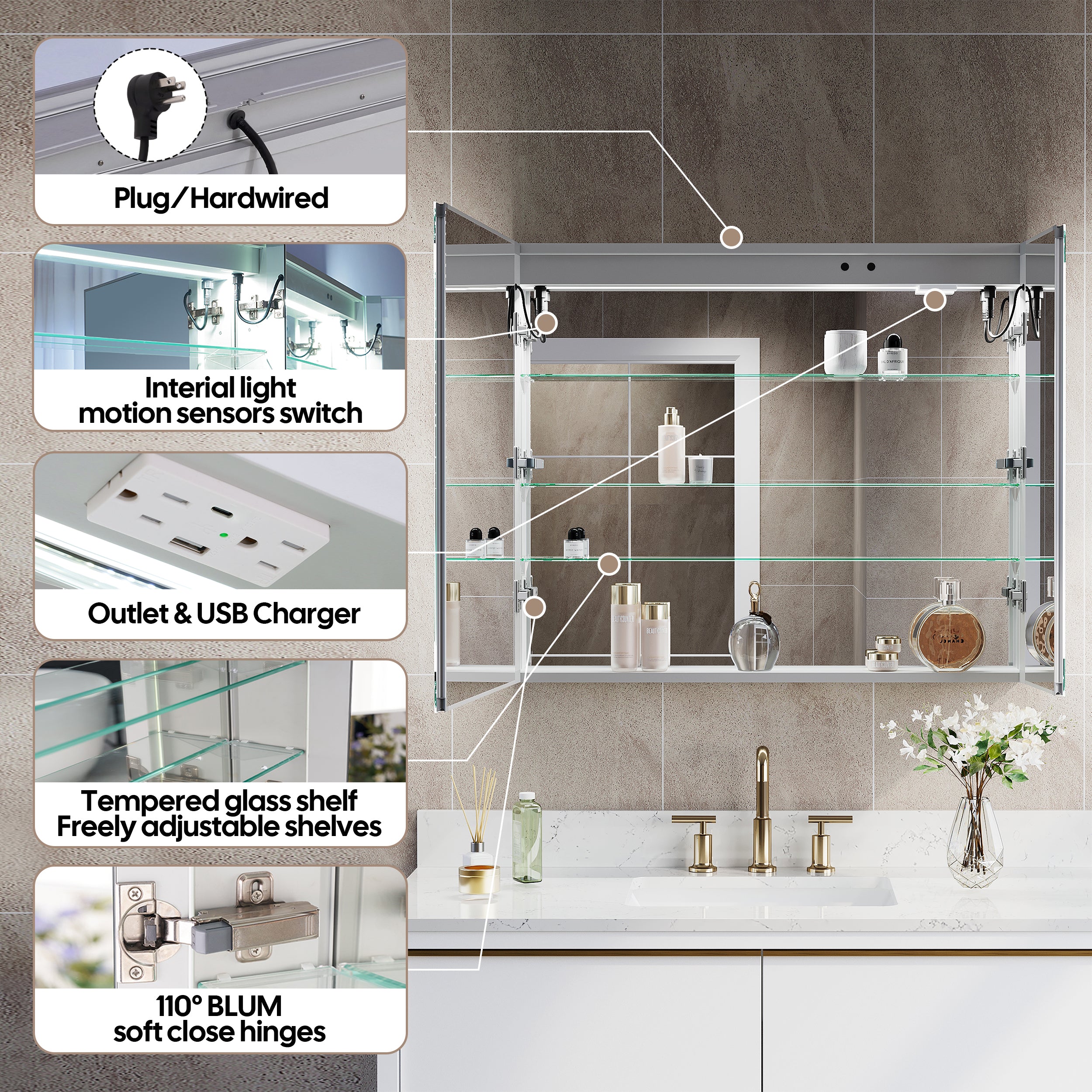 36 in. x 30 in. LED Lighted Surface/Recessed Mount Aluminum Mirror Medicine Cabinet Anti-Fog Dimmable with Outlet