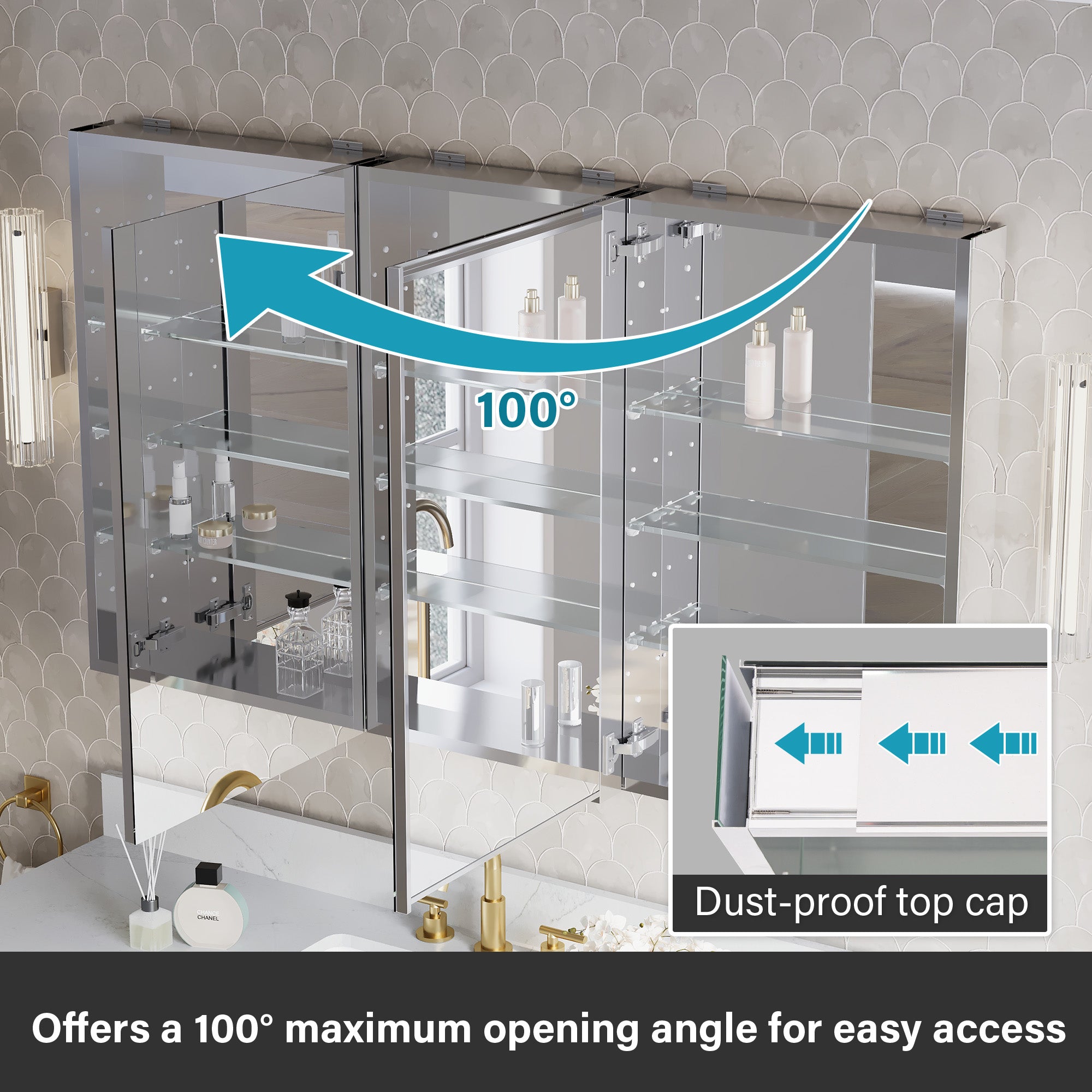 56 in.×32 in.H Copper-Free Mirror Medicine Cabinet with Soft-Close Blum® Hinges and 3 Doors