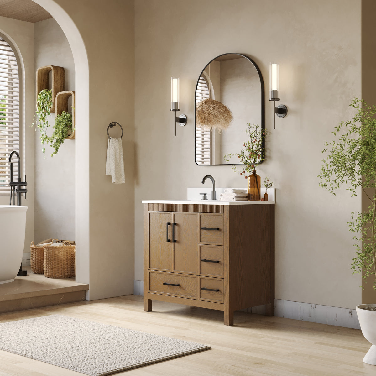 36 Inch Freestanding Solid Wood Bathroom Vanity with Fluted Molding, Pure White Quartz Countertop, Walnut