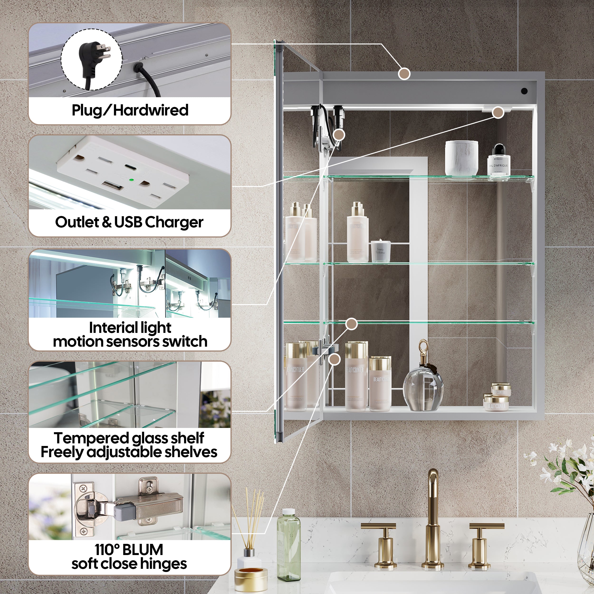 20 in. x 30 in. LED Lighted Surface/Recessed Mount Silver Mirrored Medicine Cabinet with Outlet left Side