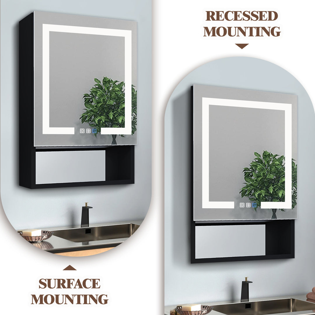 24" W x 32" H Lighted Black Bathroom Medicine Cabinet with Double Sided Mirror And Lights，Outlet Left Side