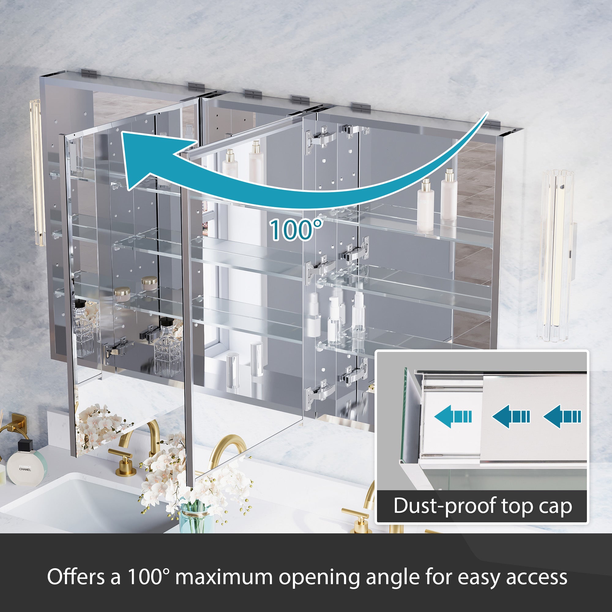 52 in.×30 in.H Copper-Free Mirror Medicine Cabinet with Beveled Mirror Door, Recessed or Surface Mount, Adjustable Shelves