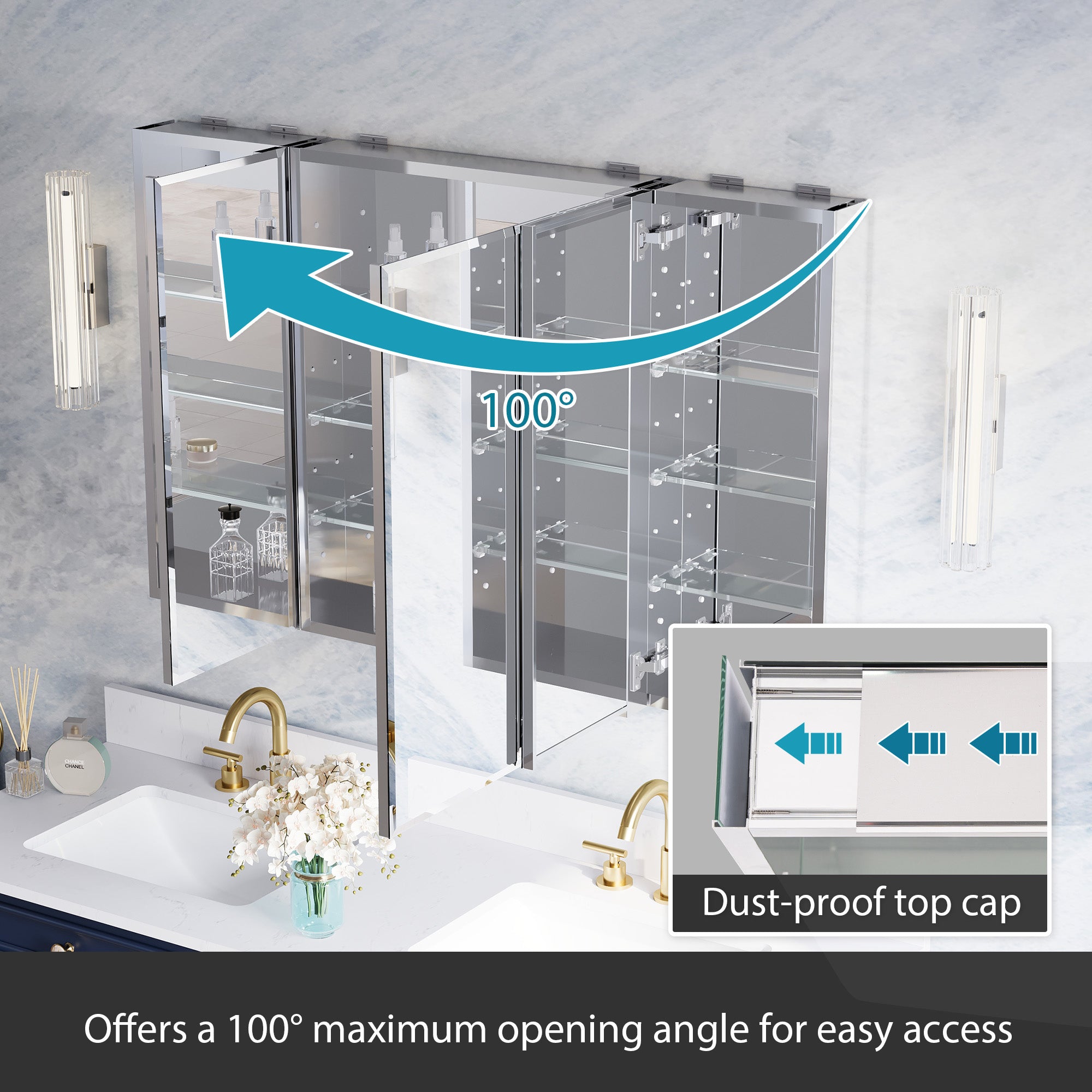 48 in.×30 in.H Aluminum Copper-Free Mirror Medicine Cabinet with Beveled Mirror Door, Recessed or Surface Mount, Adjustable Shelves