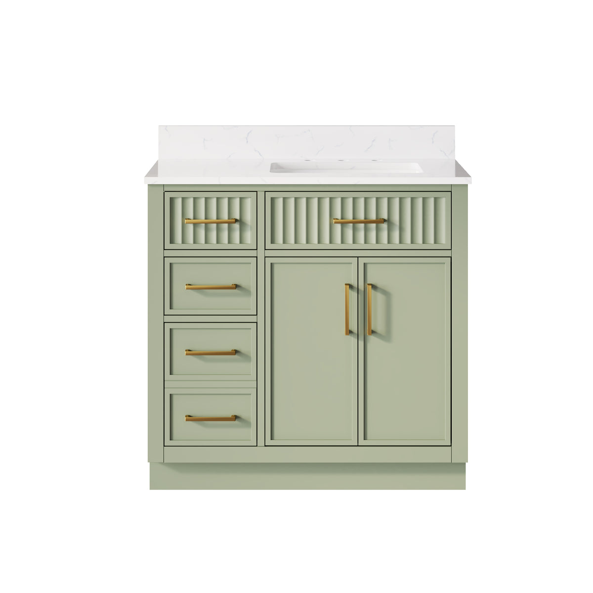 36 Inch Freestanding Solid Wood & Plywood Bathroom Vanity with Soft-Close Drawers, Carrara White Quartz Countertop, SAGE GREEN
