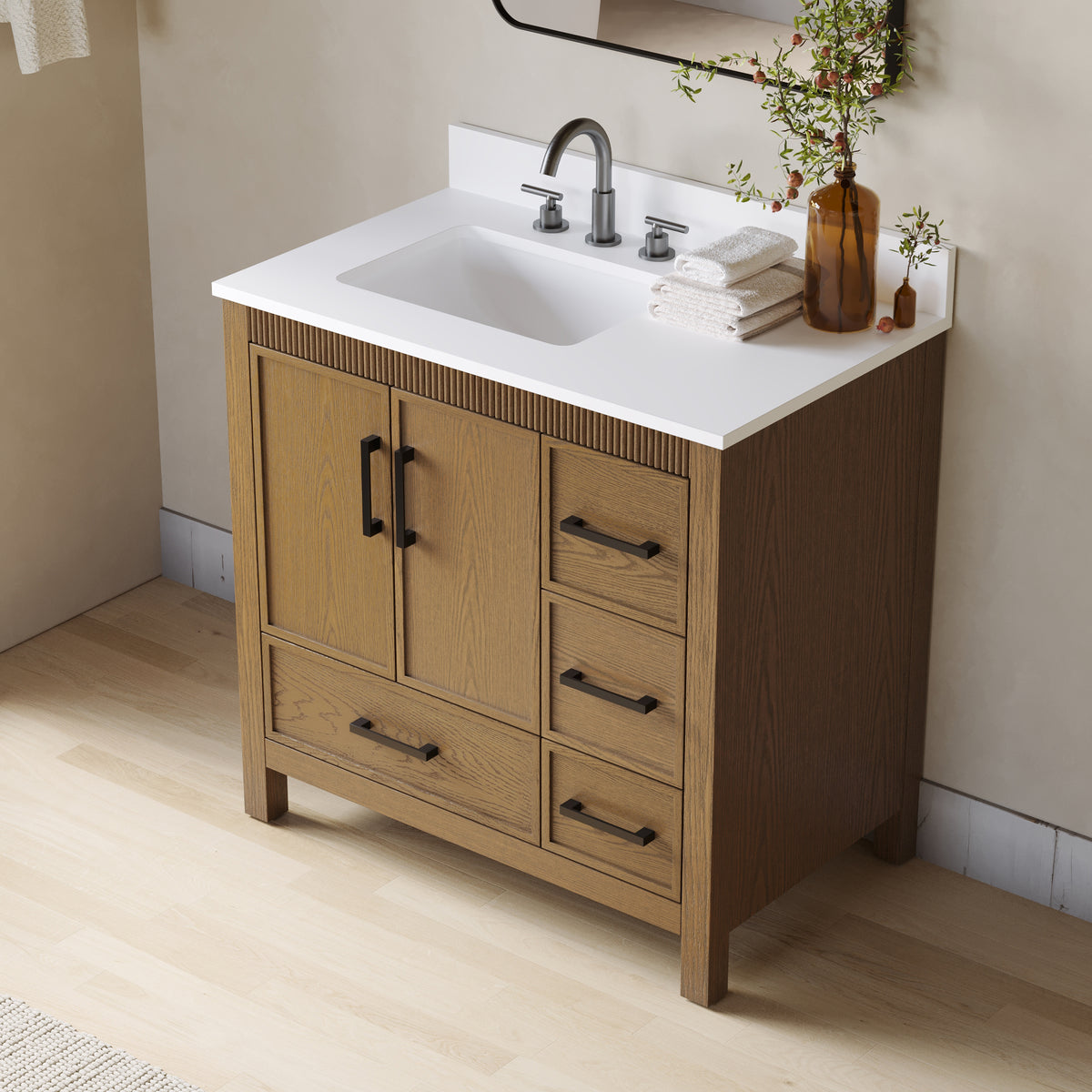 36 Inch Freestanding Solid Wood Bathroom Vanity with Fluted Molding, Pure White Quartz Countertop, Walnut