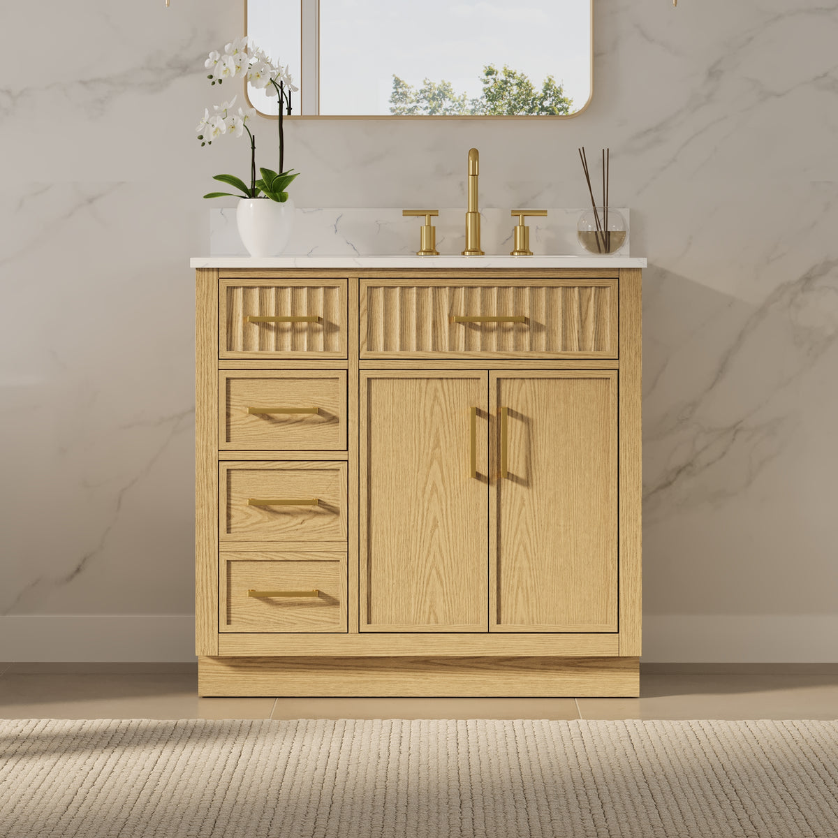 36 Inch Freestanding Solid Wood & Plywood Bathroom Vanity with Soft-Close Drawers, Carrara White Quartz Countertop, OAK