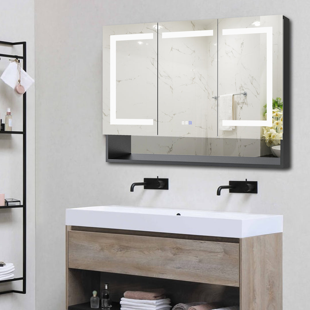 48" W x 32" H LED Lighted Mirror Black Medicine Cabinet with Shelves for Bathroom Recessed or Surface Mount
