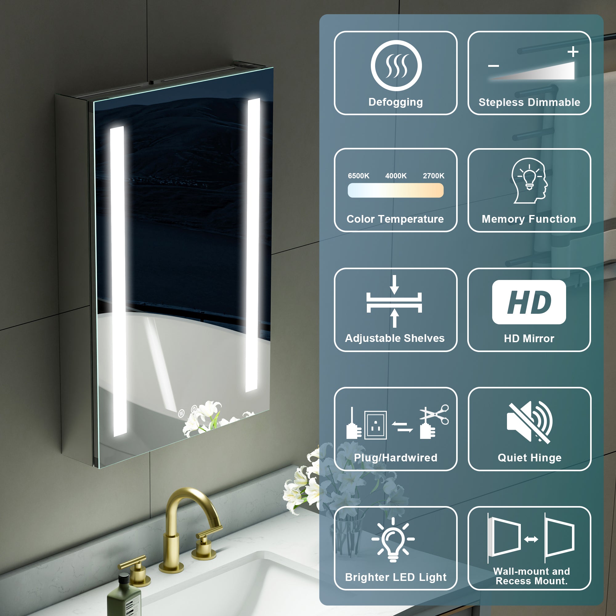 20 in. x 30 in. LED Lighted Surface/Recessed Mount Mirror Medicine Cabinet with Outlet Right Side
