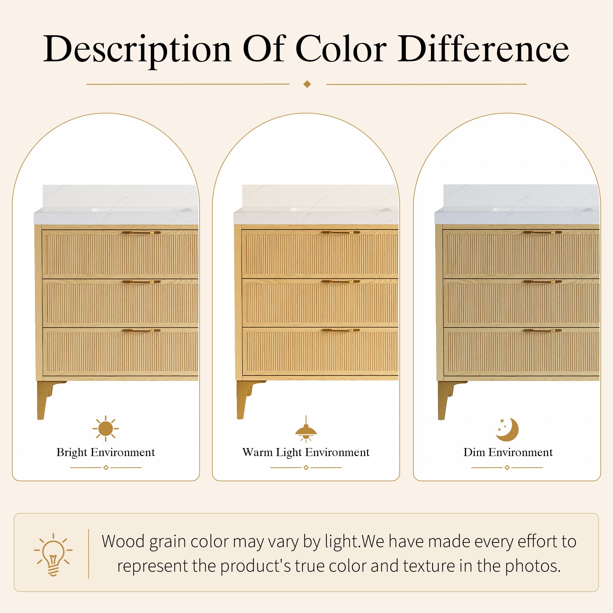 36 Inch Modern Solid Oak Bathroom Vanity with Calacatta Quartz Countertop, 3 Fluted Drawers & Brushed Gold Legs