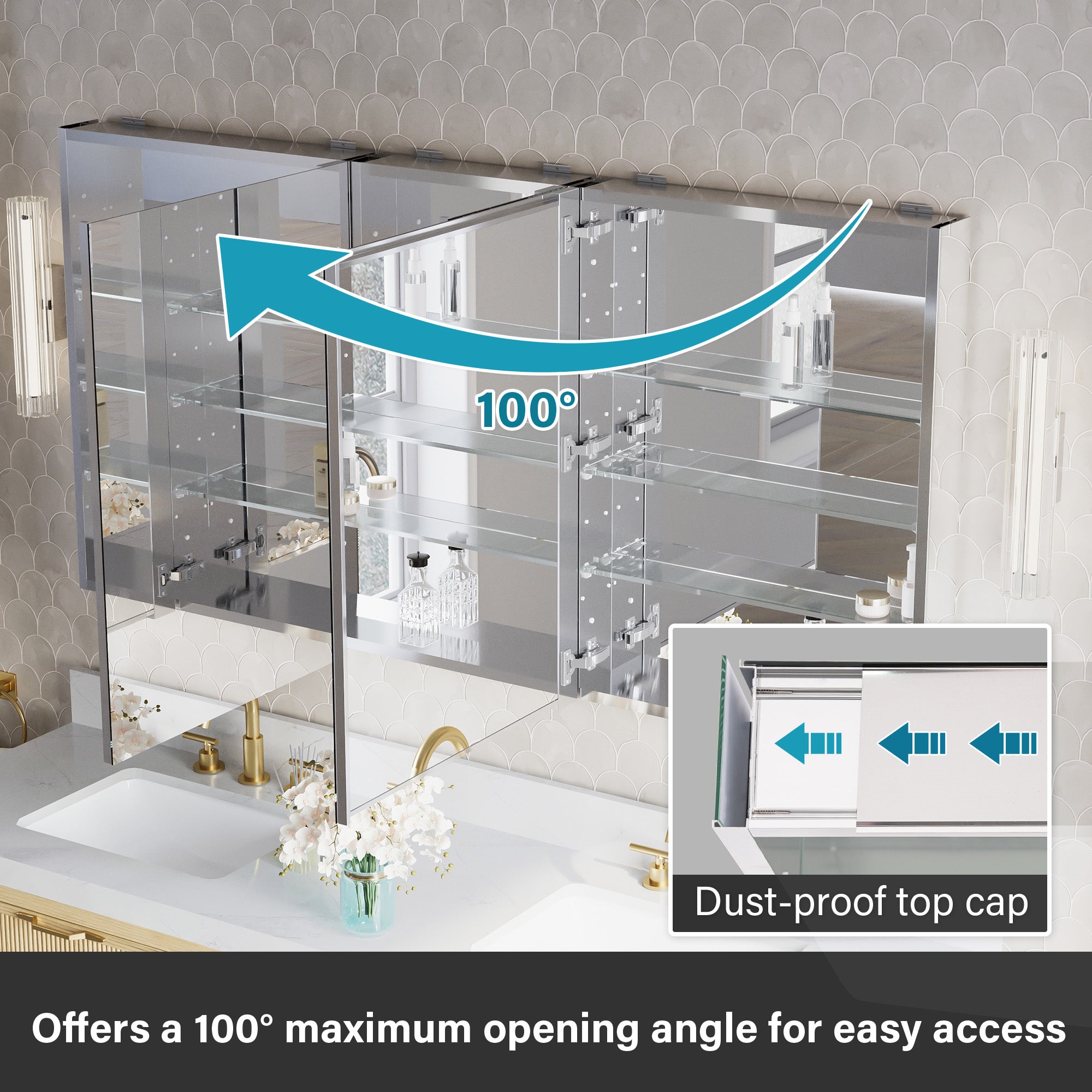 64 in.×32 in.H Aluminum Copper-Free Mirror Medicine Cabinet with Soft-Close Blum® Hinges and Recessed/Surface Mount