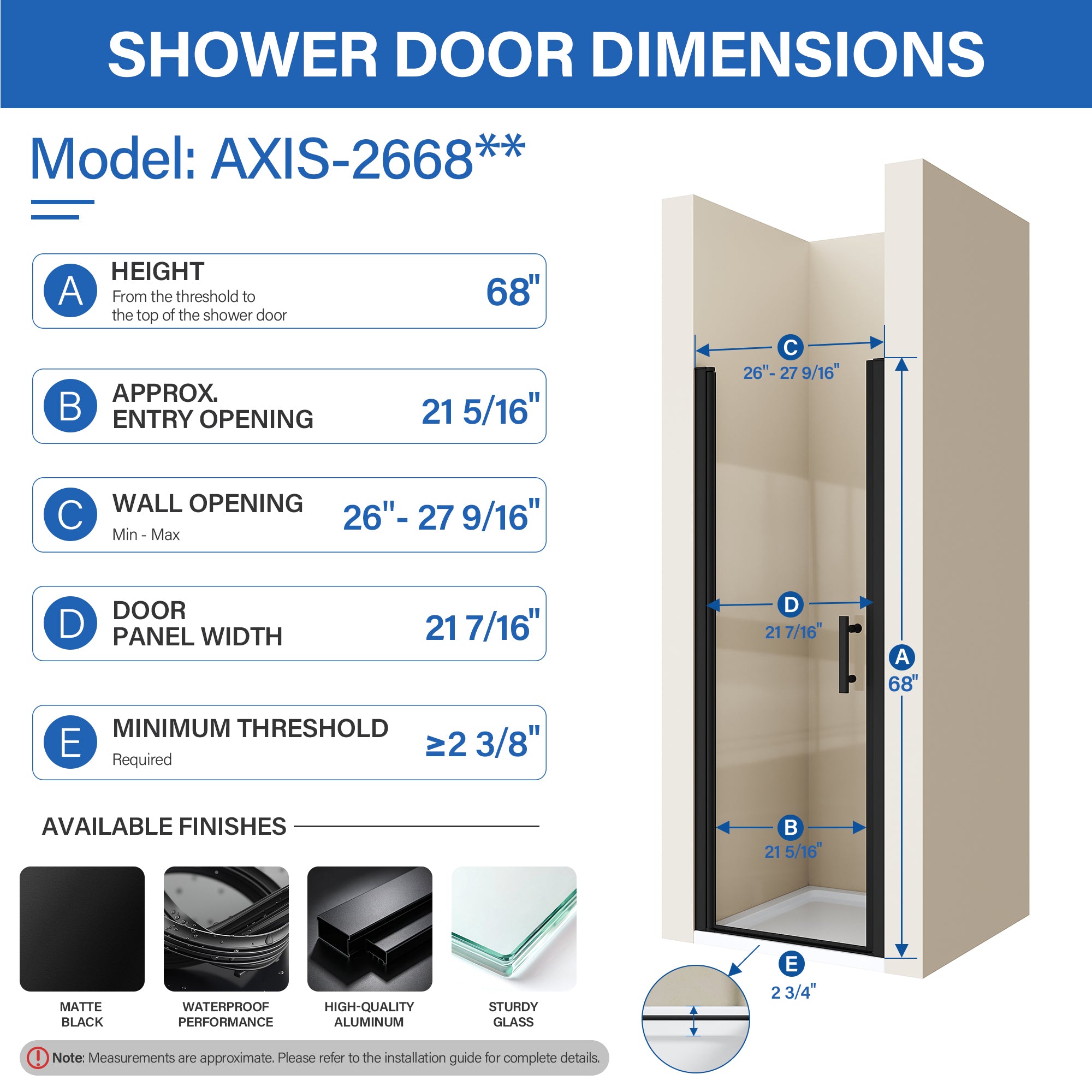 26”-27 9/16” x 68” Semi-Frameless Pivot Shower Door with 1/4 inch Tempered Glass