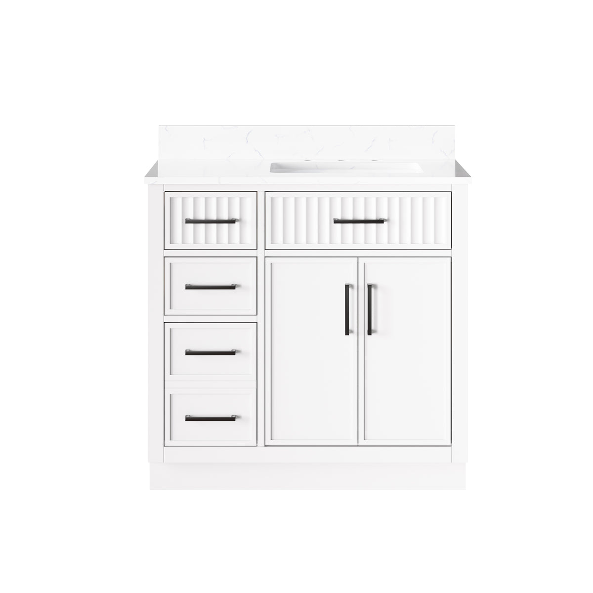 36 Inch Freestanding Solid Wood & Plywood Bathroom Vanity with Soft-Close Drawers, Carrara White Quartz Countertop, White