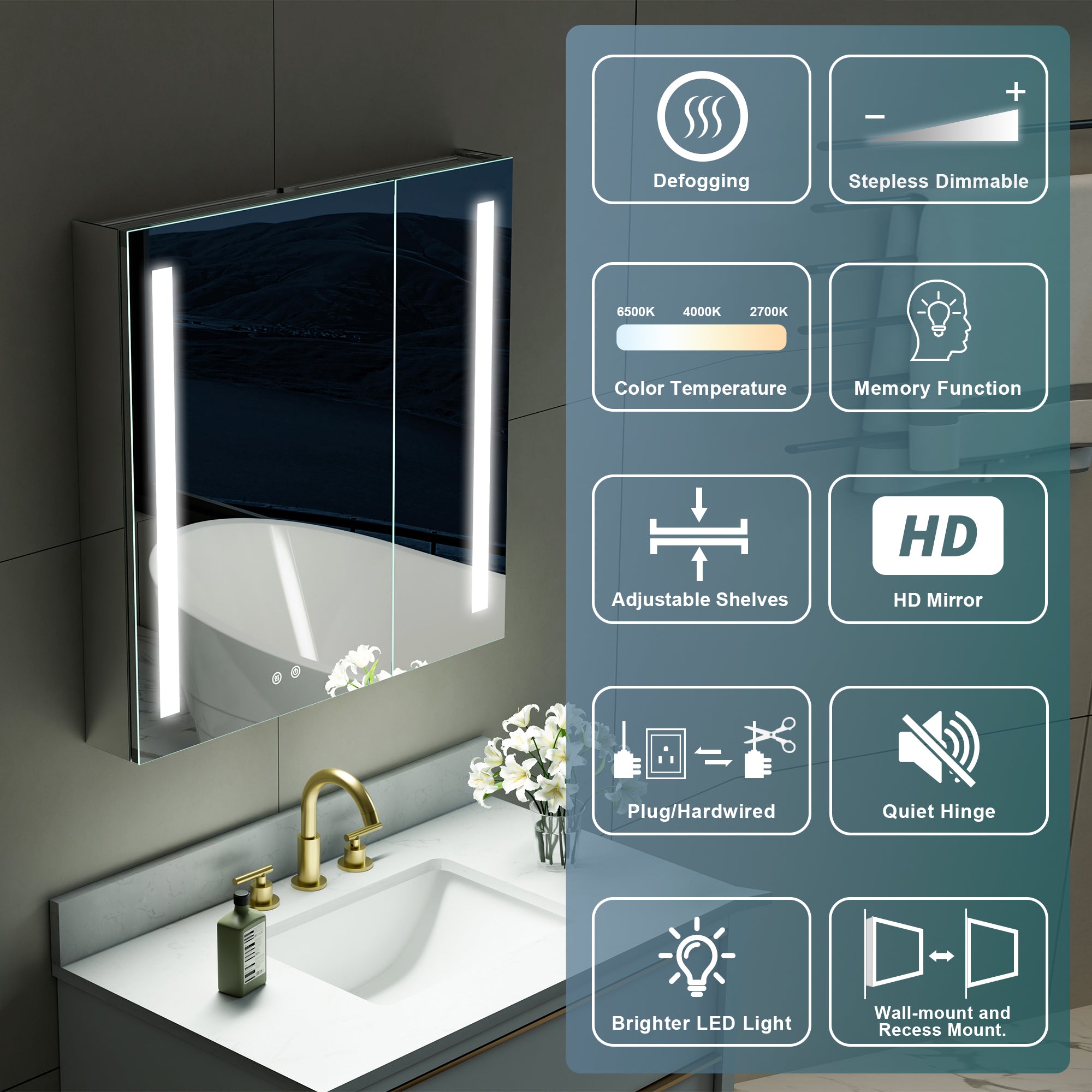 30 in. x 30 in. LED Lighted Surface/Recessed Mount Mirror Medicine Cabinet with Outlet