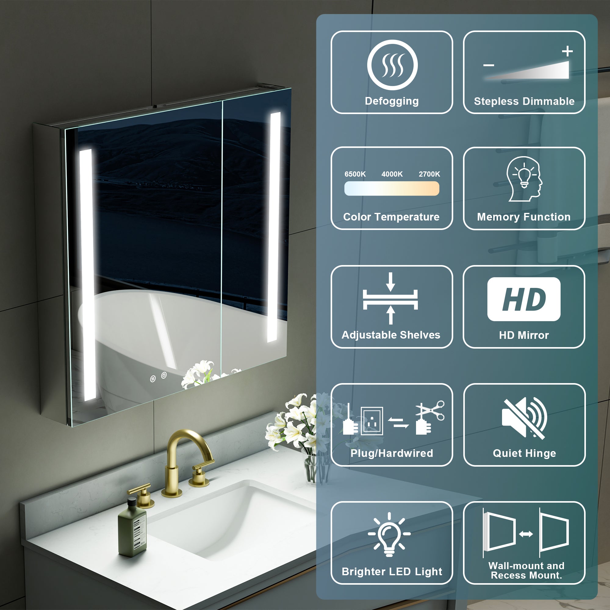 36 in. x 30 in. LED Lighted Surface/Recessed Mount Mirror Medicine Cabinet with Outlet