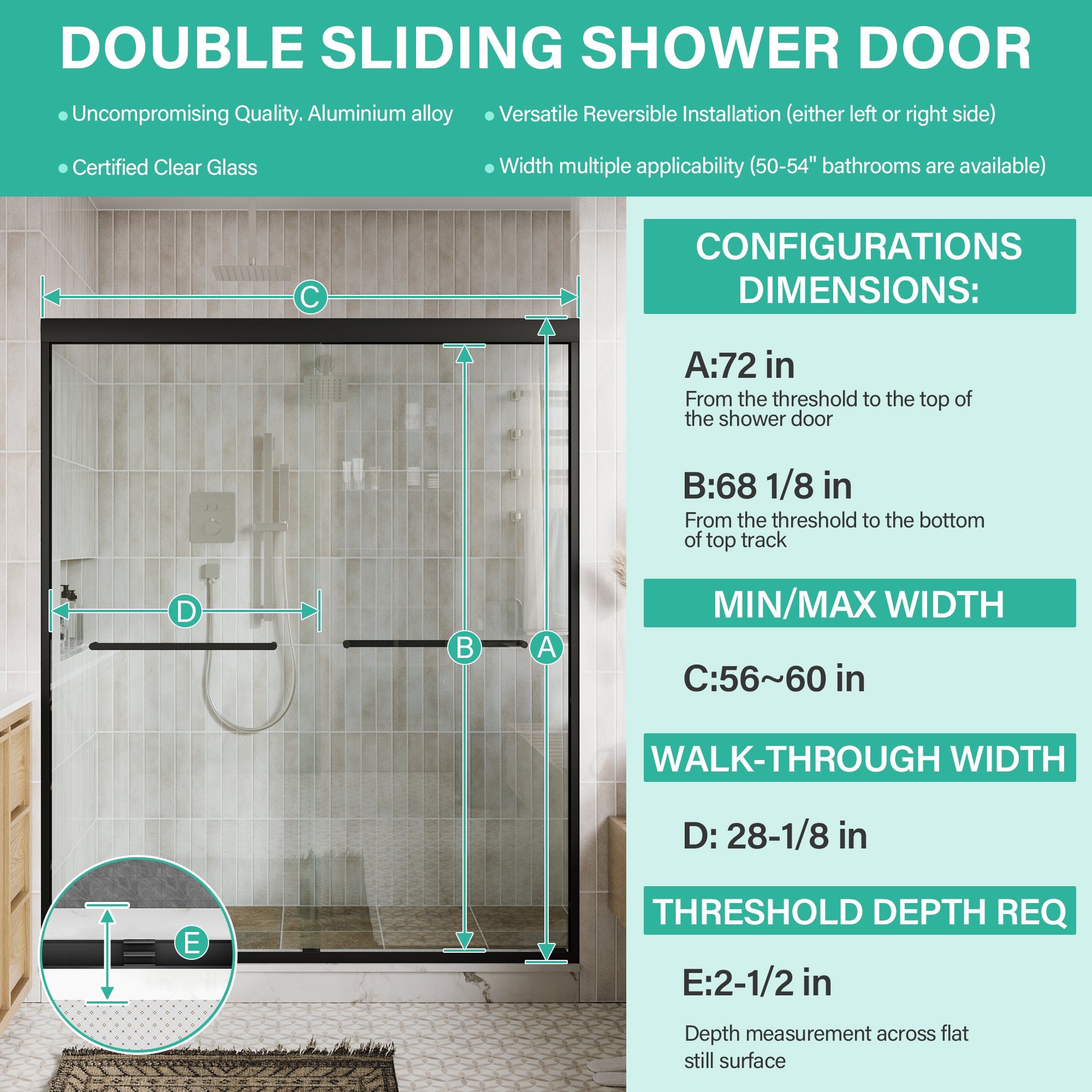 56–60 in. W x 72 in. H Framed Double Sliding Shower Door with 6mm Tempered Safety Glass