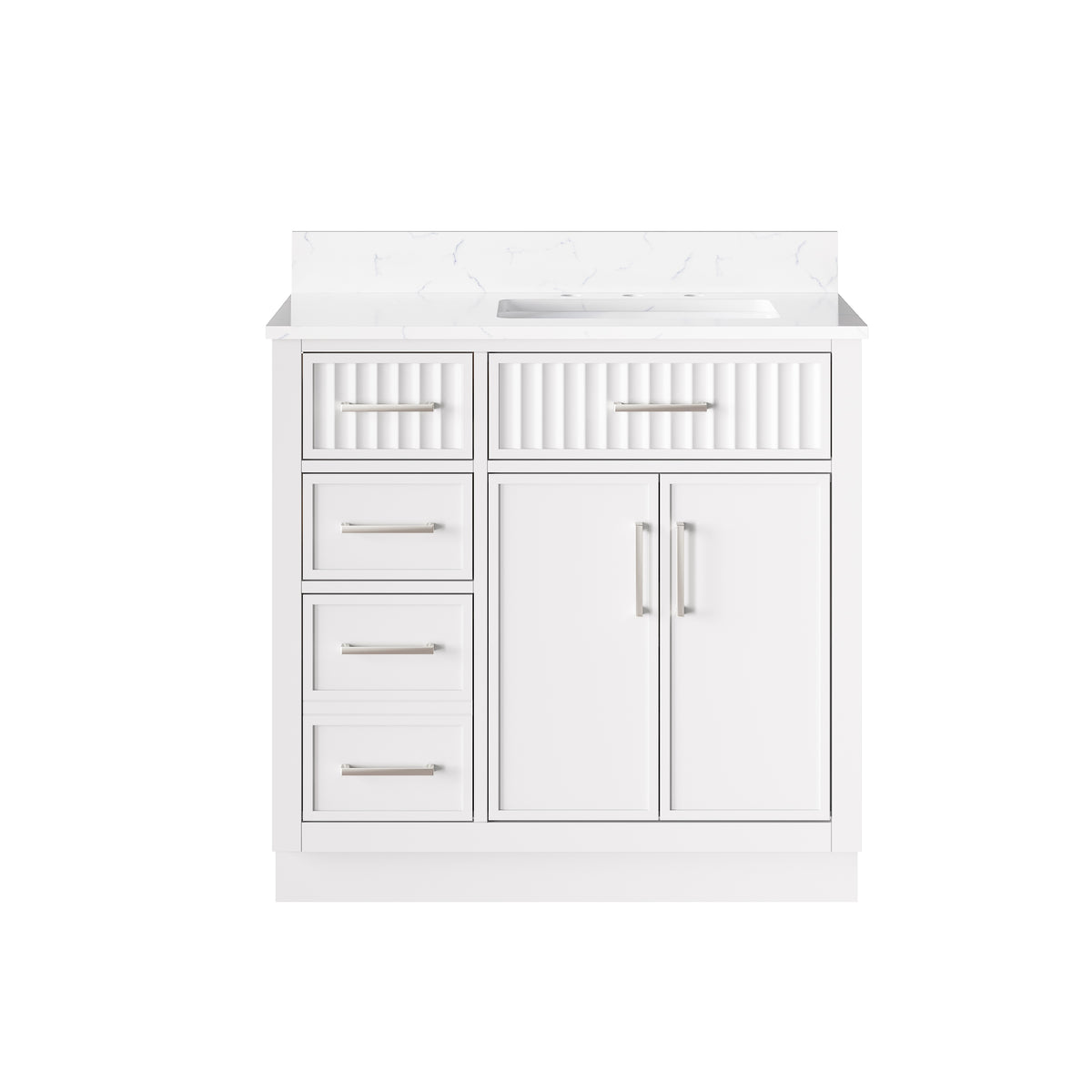 36 Inch Freestanding Solid Wood & Plywood Bathroom Vanity with Soft-Close Drawers, Carrara White Quartz Countertop, White