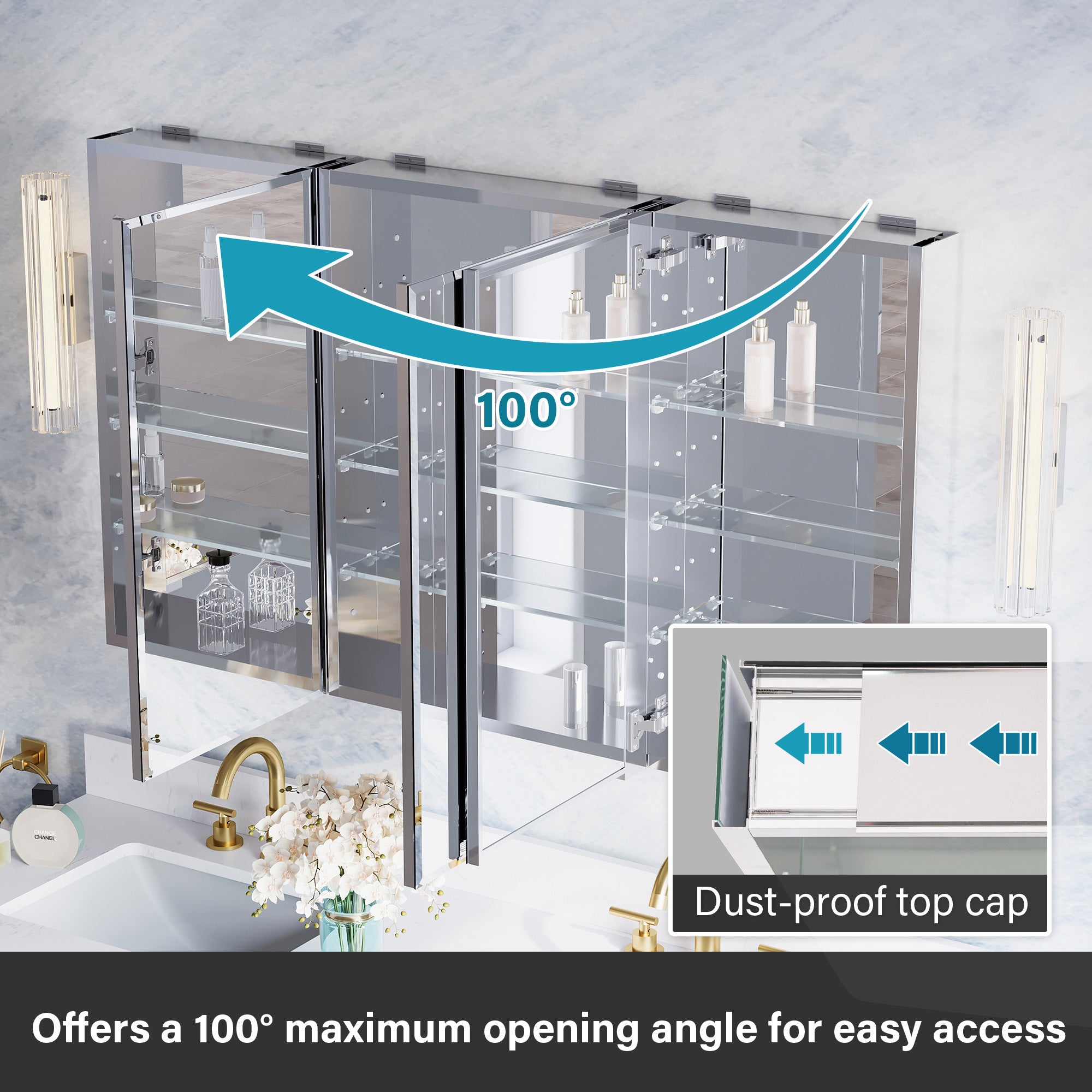52 in.×30 in.H Aluminum Copper-Free Mirror Medicine Cabinet with Beveled Mirror Door, Recessed or Surface Mount, Adjustable Shelves