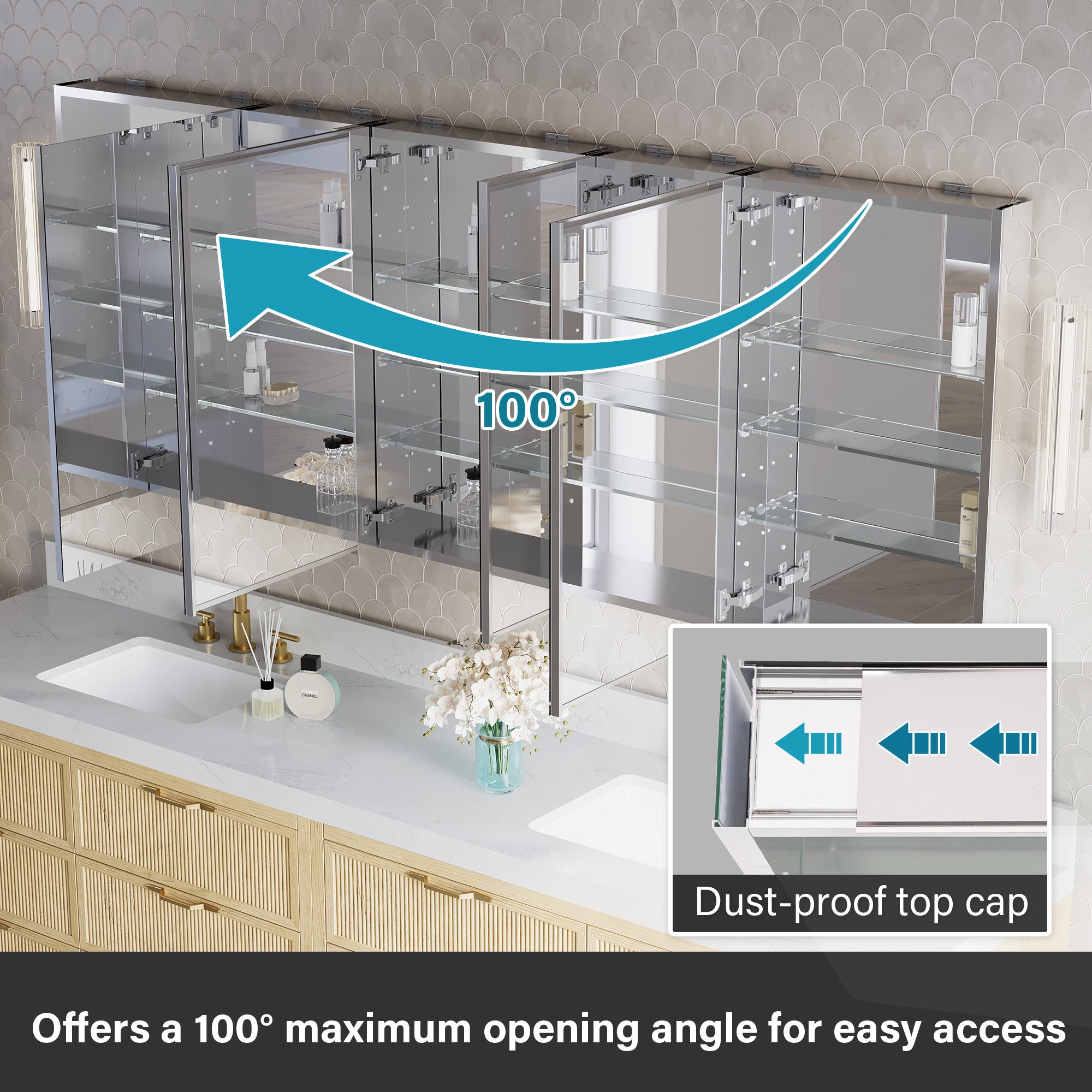 84 in.×32 in.H Copper-Free Mirror Medicine Cabinet with Soft-Close Blum® Hinges and 5 Doors