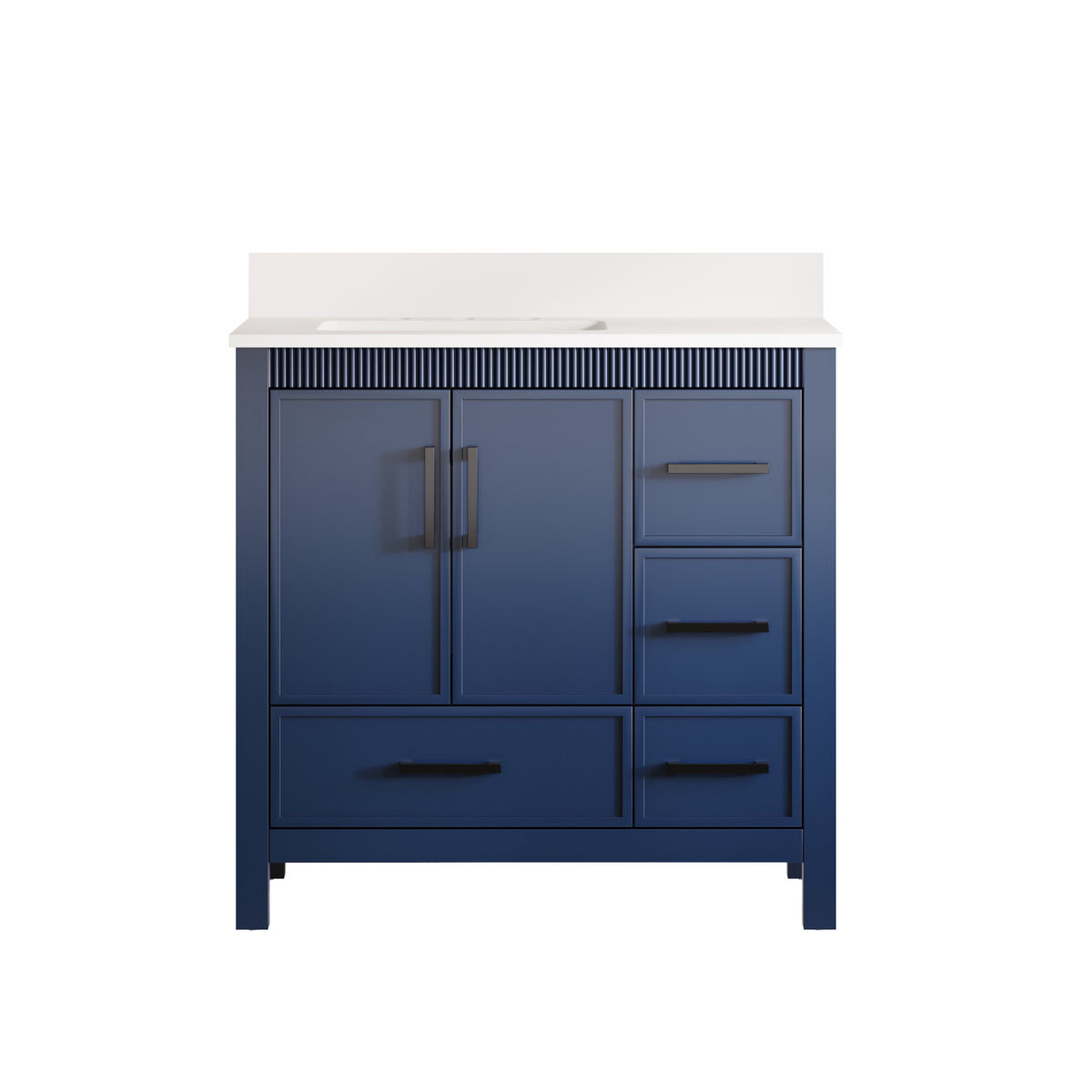 36 Inch Freestanding Solid Wood Bathroom Vanity with Fluted Molding, Pure White Quartz Countertop, Navy Blue