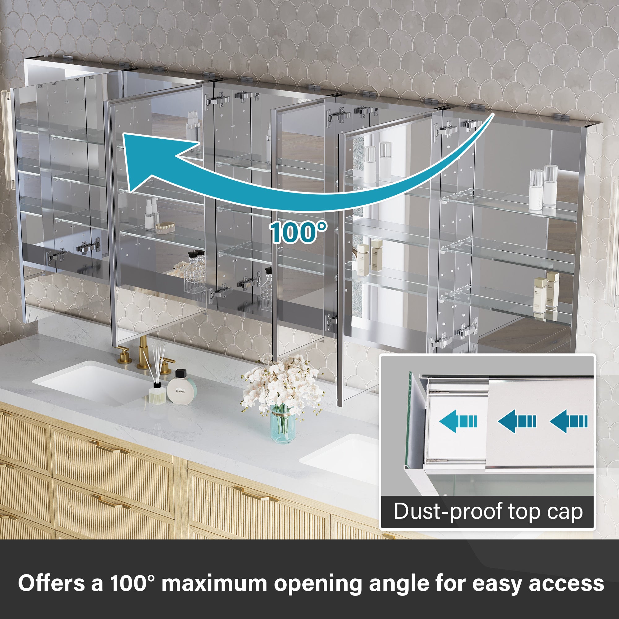 92 in.×32 in.H Copper-Free Mirror Medicine Cabinet with Soft-Close Blum® Hinges and 5 Doors