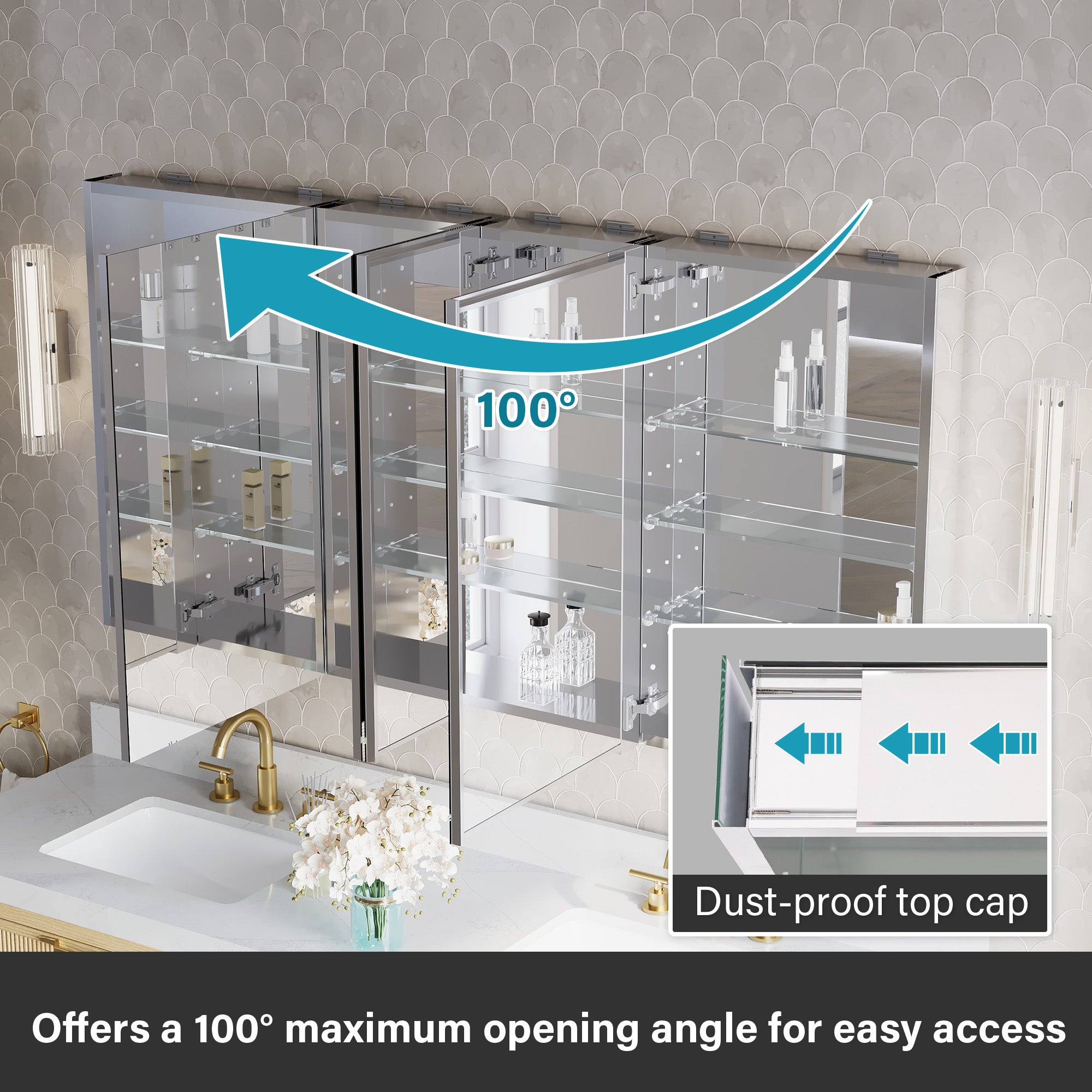 64 in.×32 in.H Copper-Free Mirror Medicine Cabinet with Soft-Close Blum® Hinges and 4 Doors