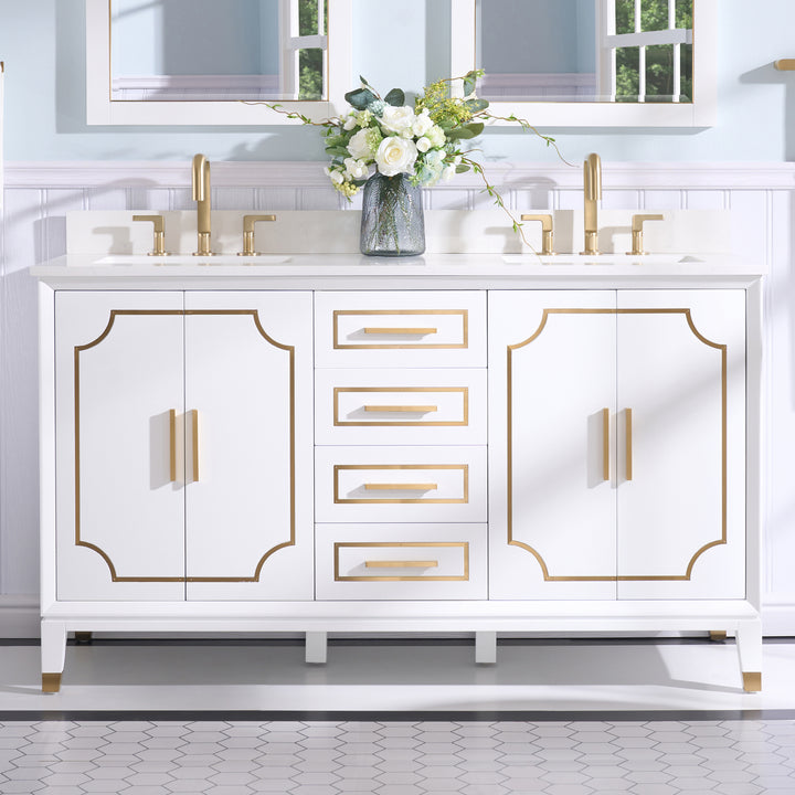 Melody 60 in. W x 22 in. D x 35 in. H Freestanding Bathroom Vanity in White with Carrara White Quartz Vanity Top