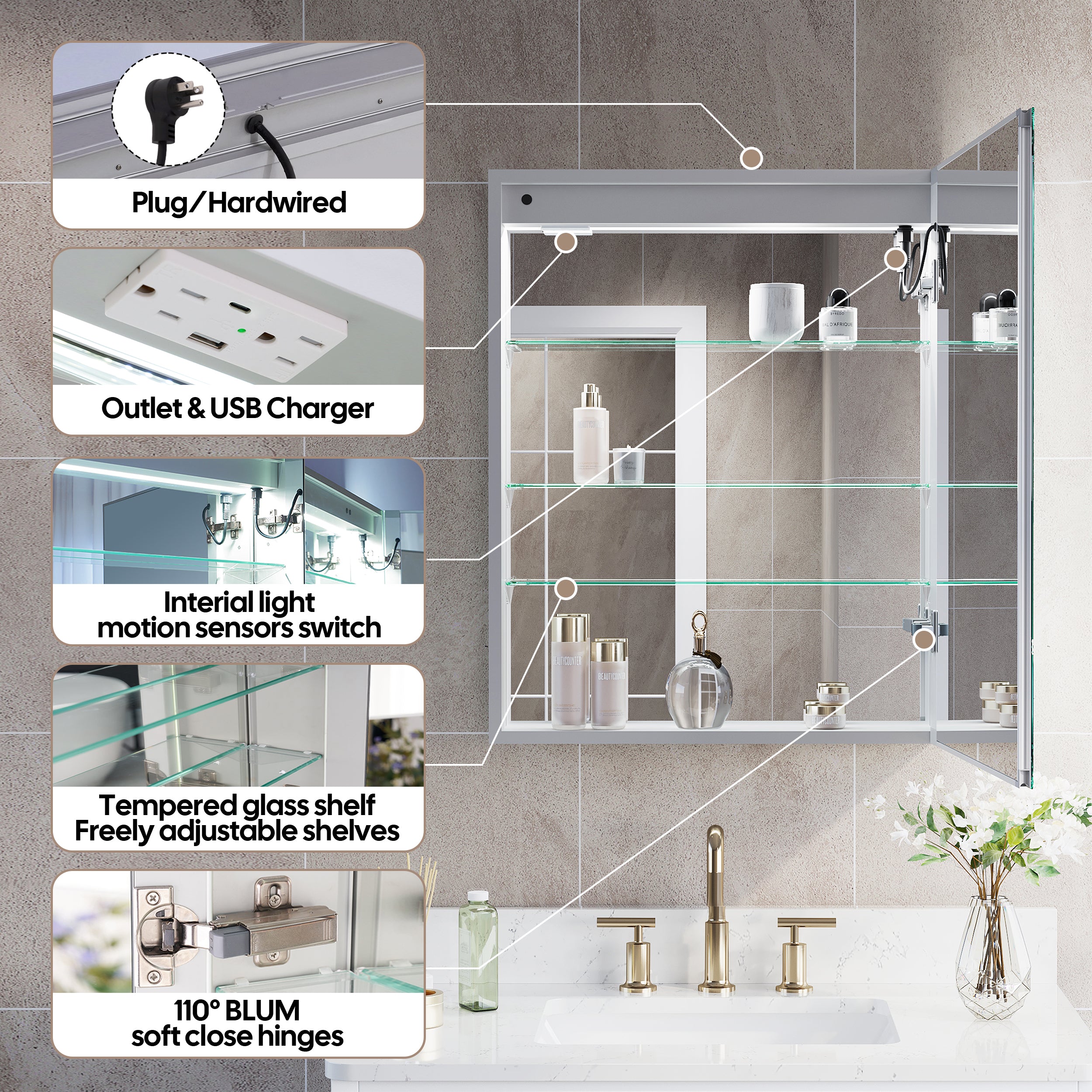 24 in. x 30 in. LED Lighted Surface/Recessed Mount Silver Mirrored Medicine Cabinet with Outlet right Side