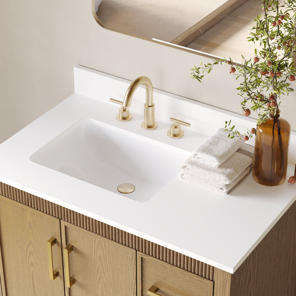 36 Inch Freestanding Solid Wood Bathroom Vanity with Fluted Molding, Pure White Quartz Countertop, Walnut