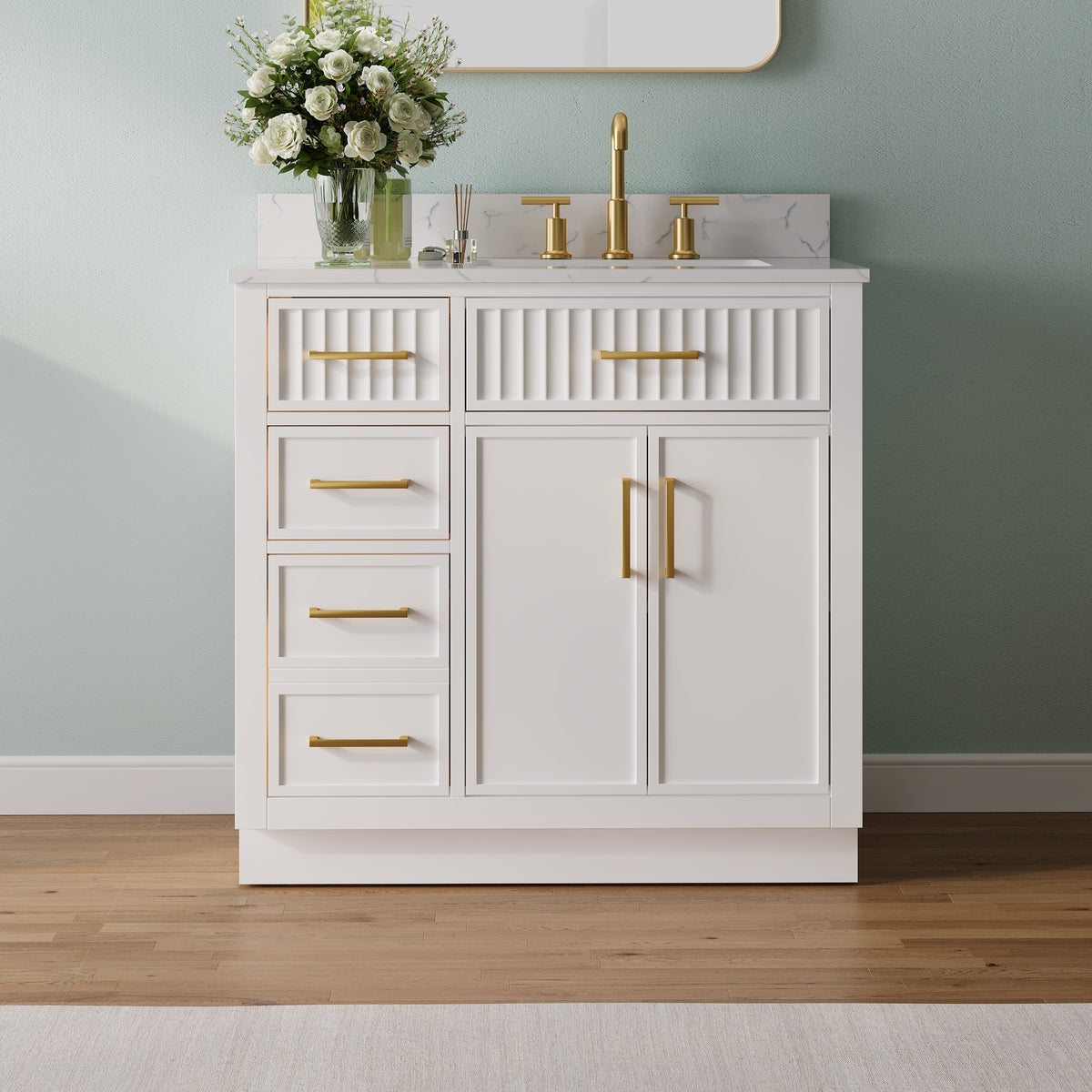 36 Inch Freestanding Solid Wood & Plywood Bathroom Vanity with Soft-Close Drawers, Carrara White Quartz Countertop, White