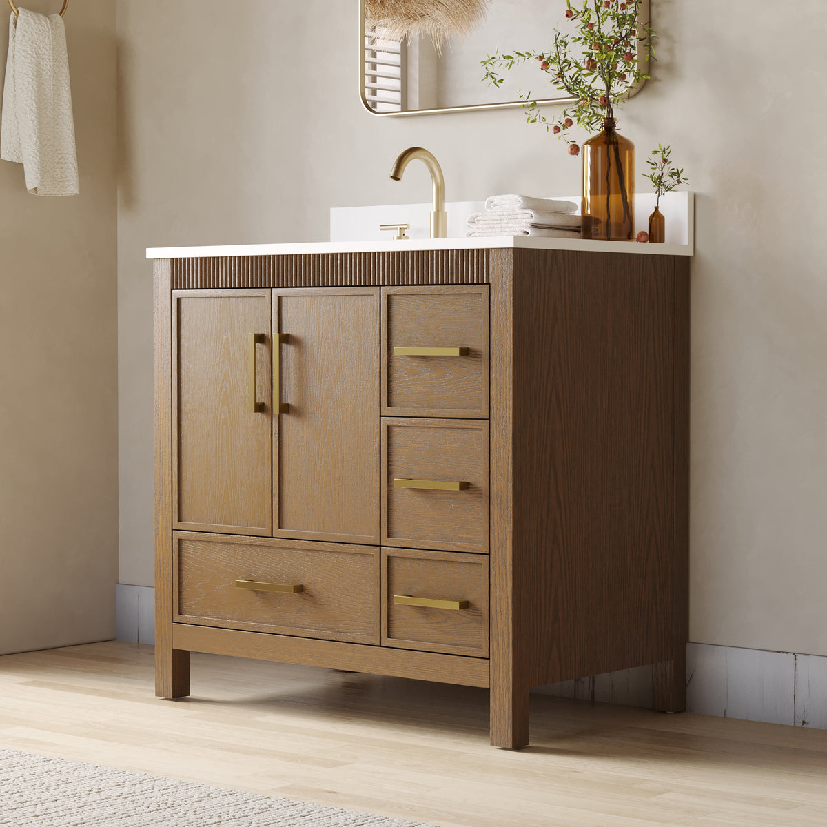 42 Inch Freestanding Solid Wood Bathroom Vanity with Fluted Molding, Pure White Quartz Countertop, Walnut