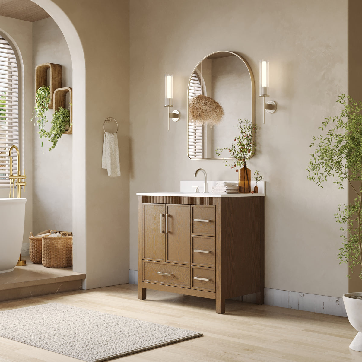 42 Inch Freestanding Solid Wood Bathroom Vanity with Fluted Molding, Pure White Quartz Countertop, Walnut