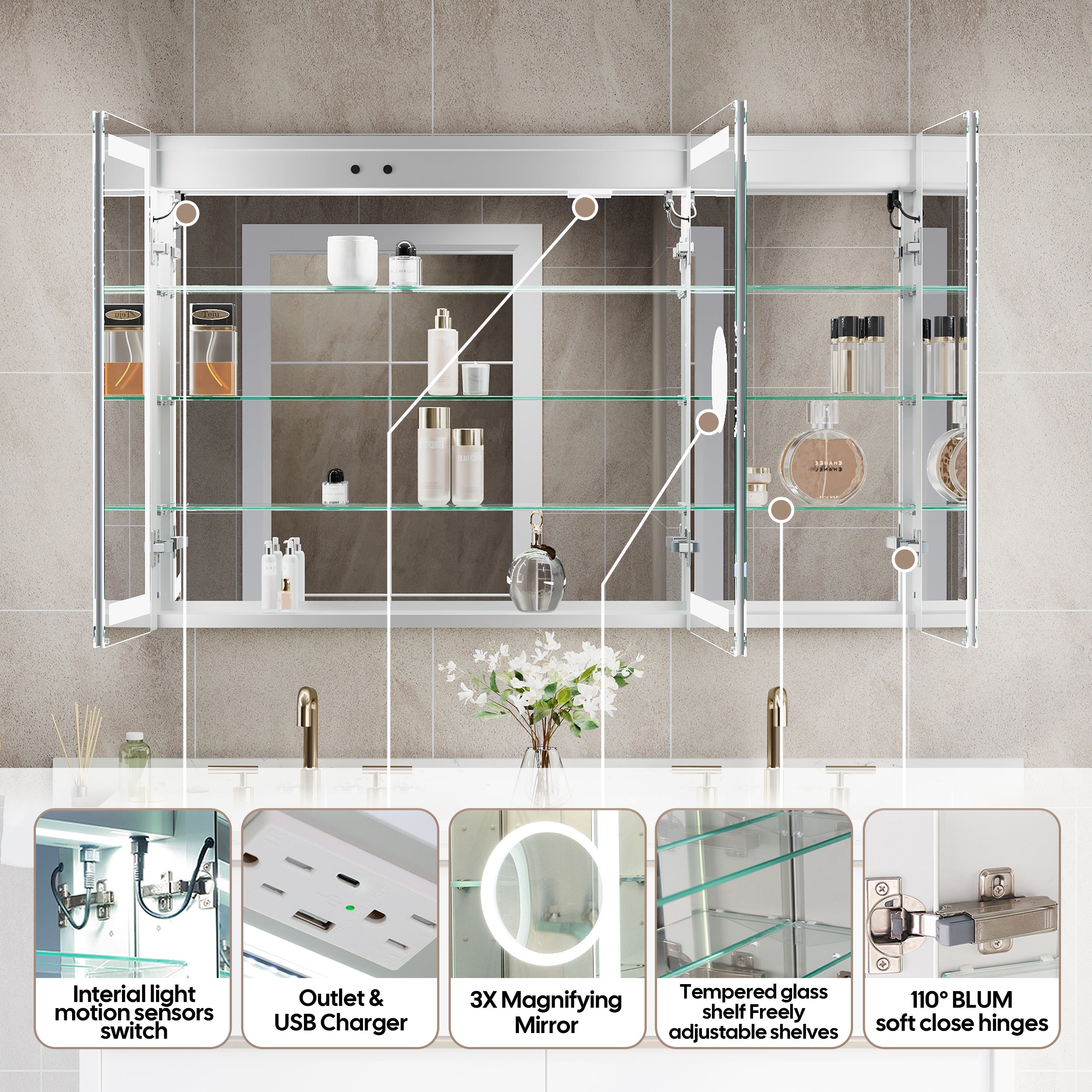 48 in. x 30 in. LED Lighted Surface/Recessed Mount Aluminum Mirror Medicine Cabinet Anti-Fog Dimmable with Outlet