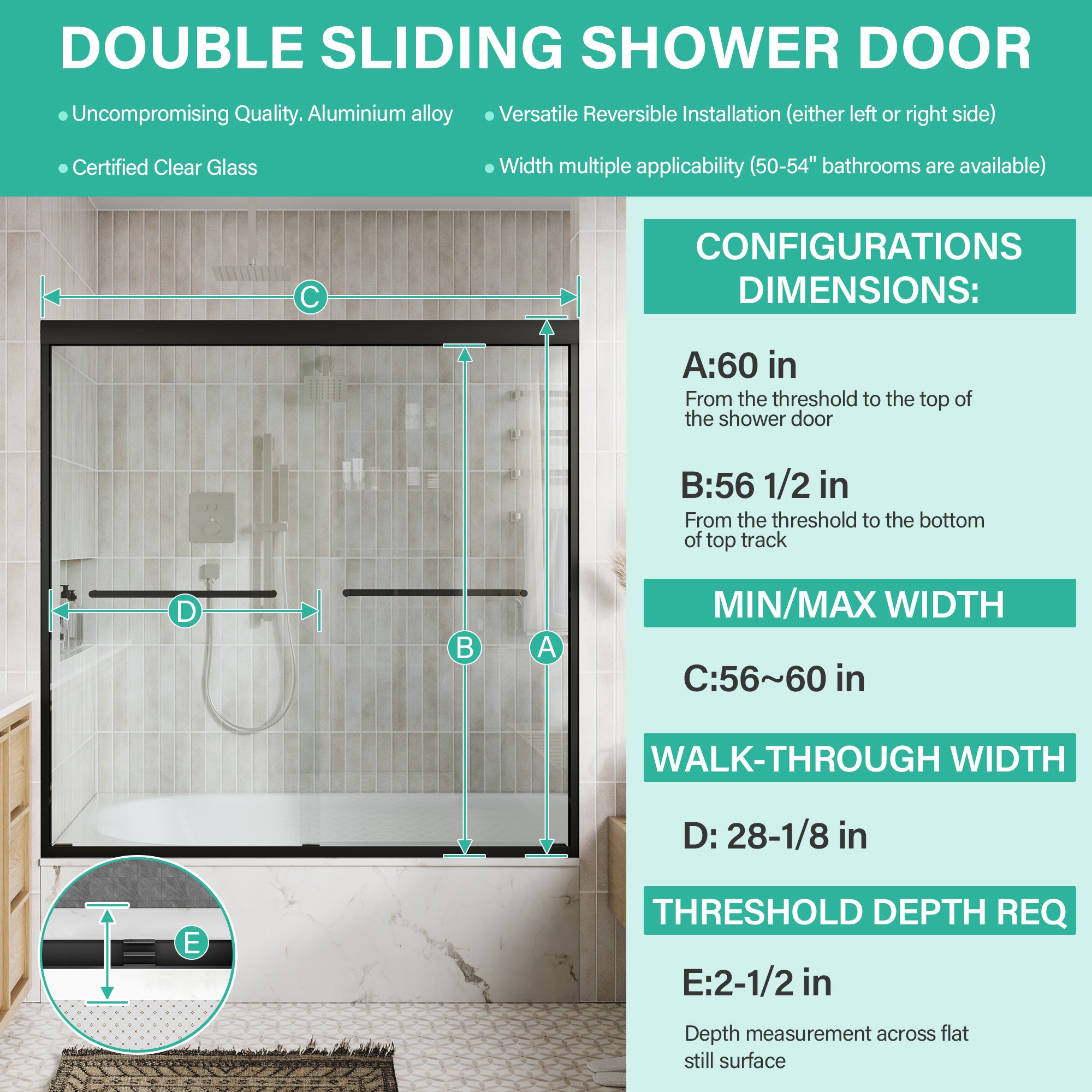 56–60 in. W x 60 in. H Framed Double Sliding Shower Door with 6mm Tempered Safety Glass