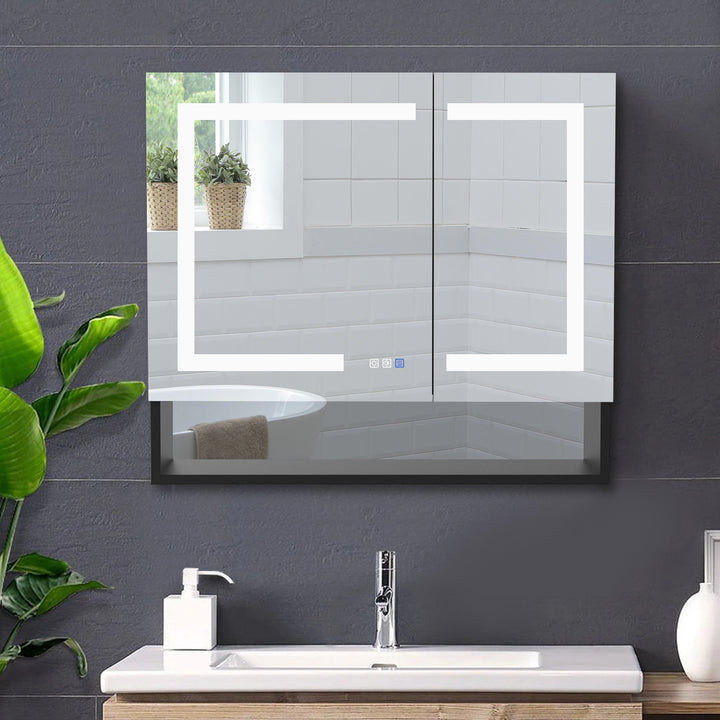 36" W x 32" H LED Lighted Mirror Black Medicine Cabinet with Shelves for Bathroom Recessed or Surface Mount