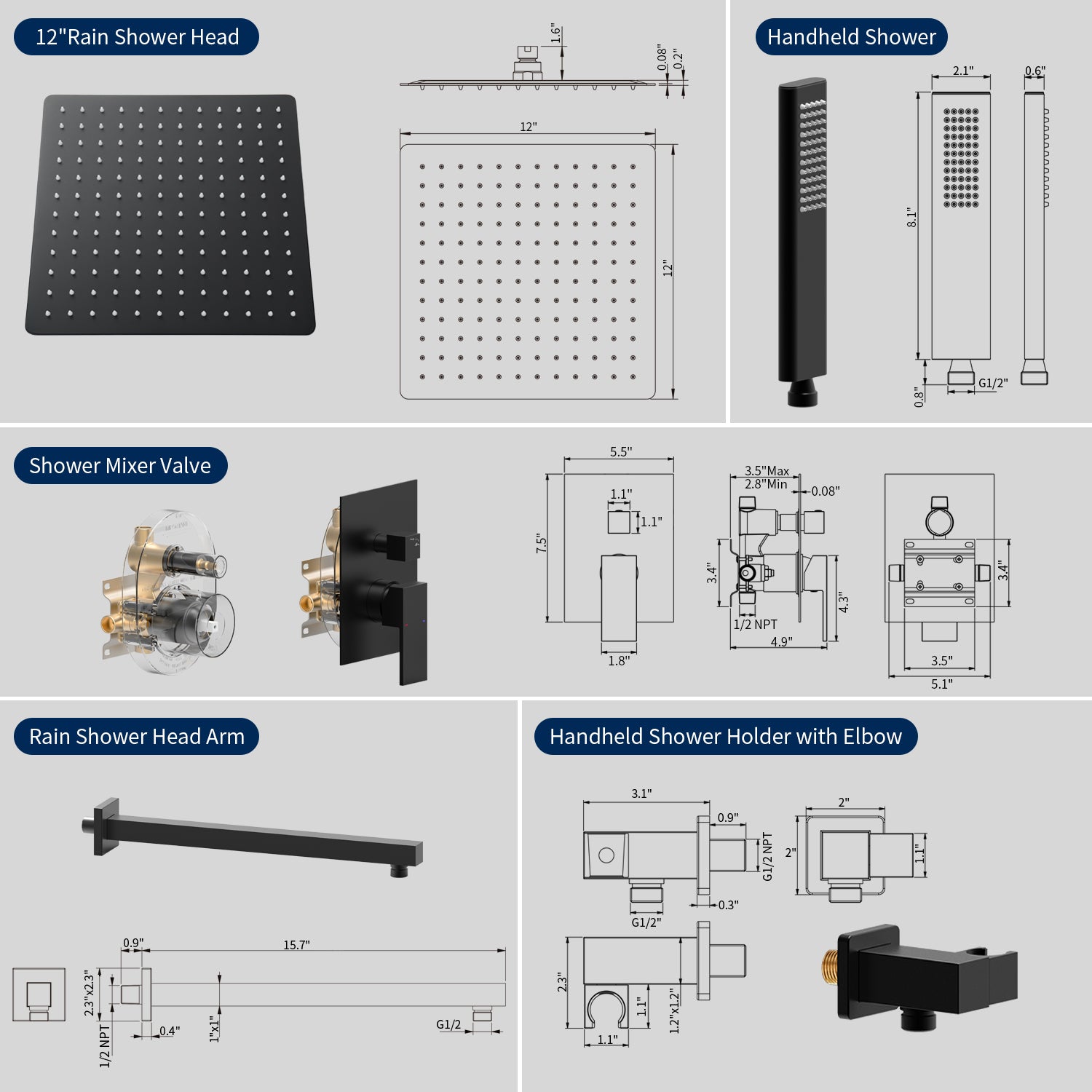Male NPT Matte Black Shower System Faucet Set with 12 Inch Rain Shower Head