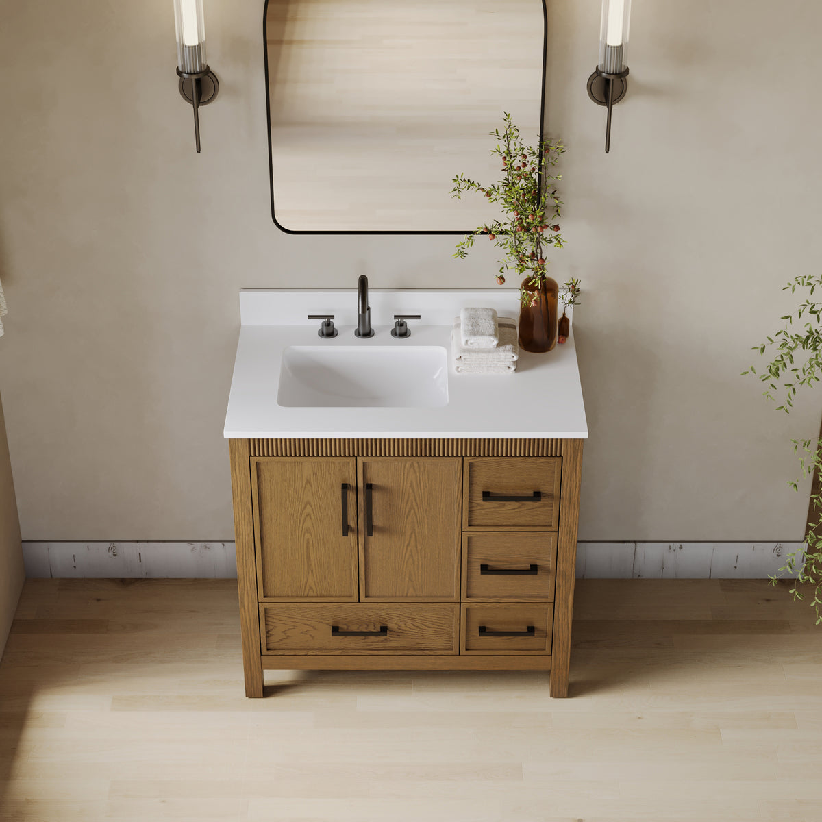 42 Inch Freestanding Solid Wood Bathroom Vanity with Fluted Molding, Pure White Quartz Countertop, Walnut