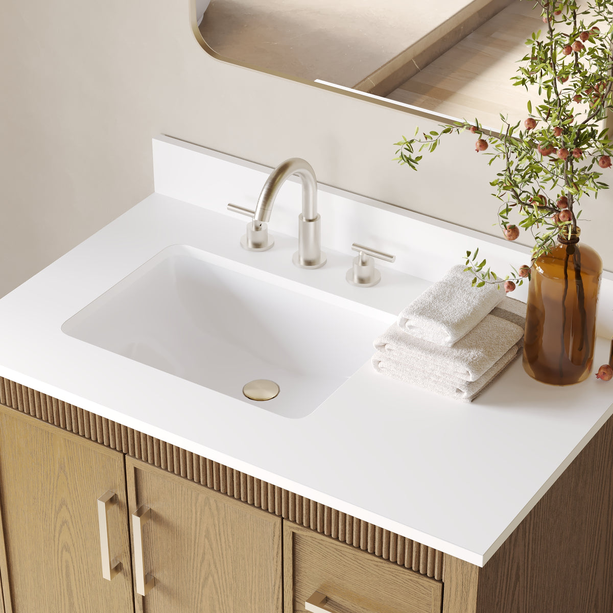 36 Inch Freestanding Solid Wood Bathroom Vanity with Fluted Molding, Pure White Quartz Countertop, Walnut