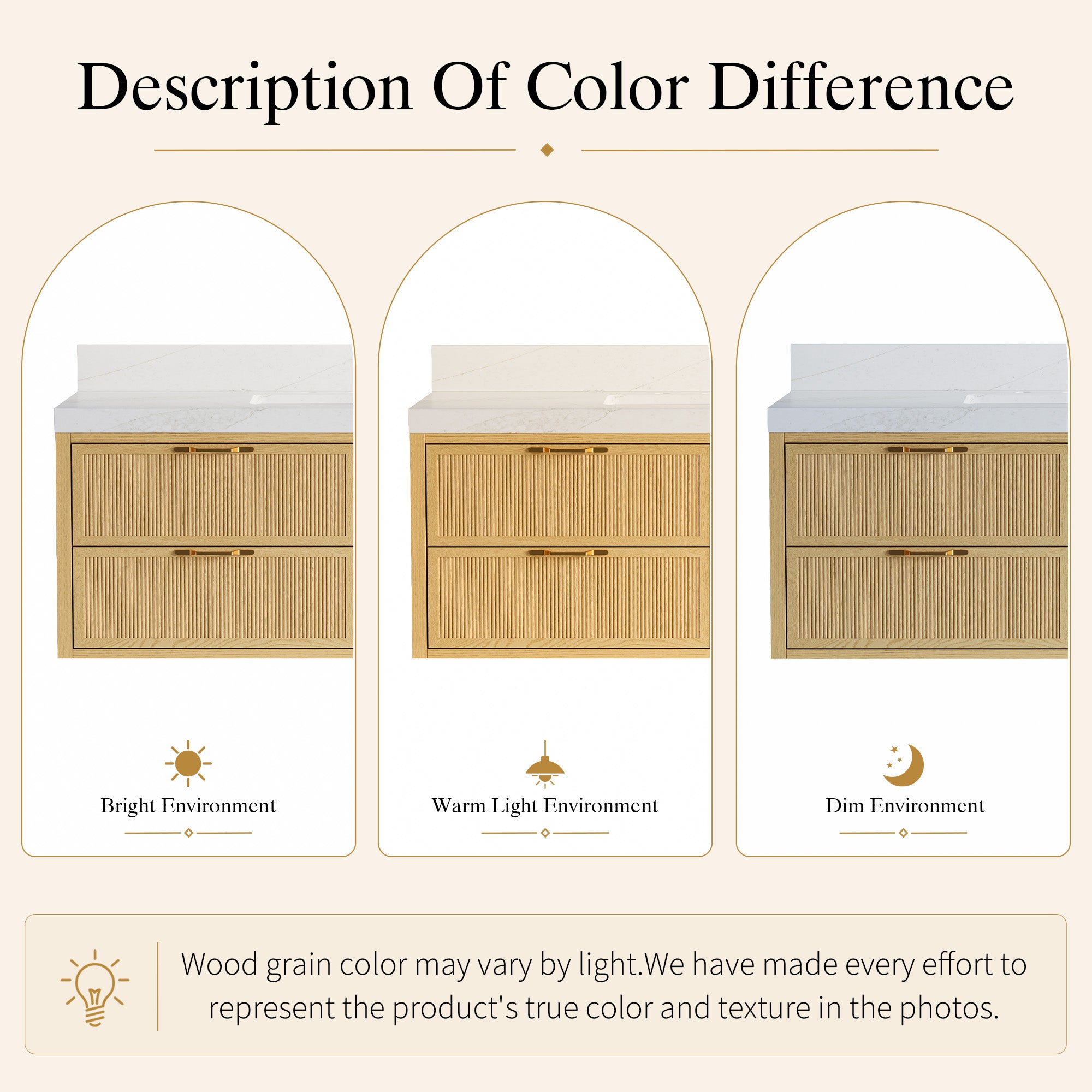 48-Inch Solid Oak Floating Bathroom Vanity with Calacatta Quartz Countertop, 4 Soft-Close Fluted Drawers