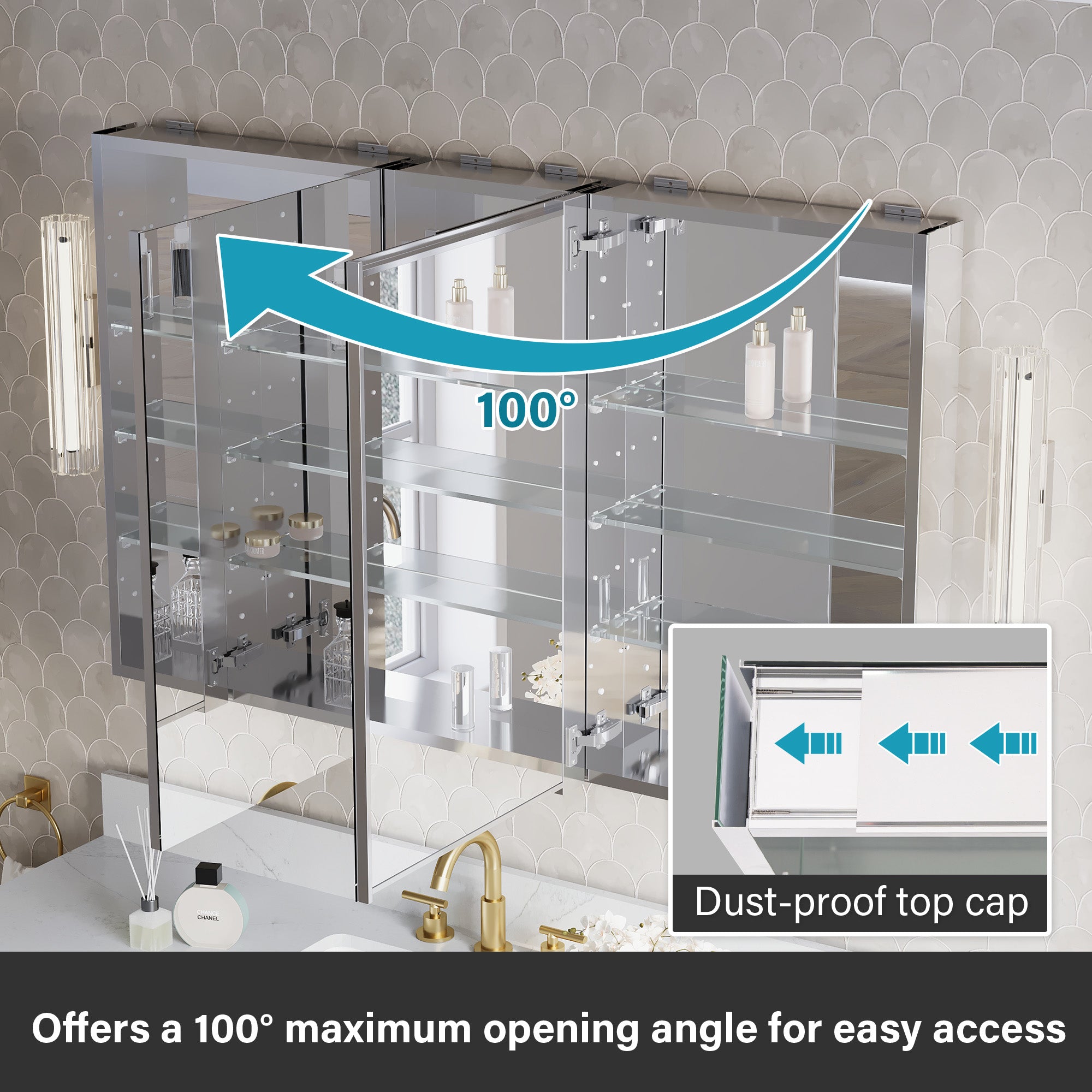 52 in.×32 in.H Copper-Free Mirror Medicine Cabinet with Soft-Close Blum® Hinges and 3 Doors